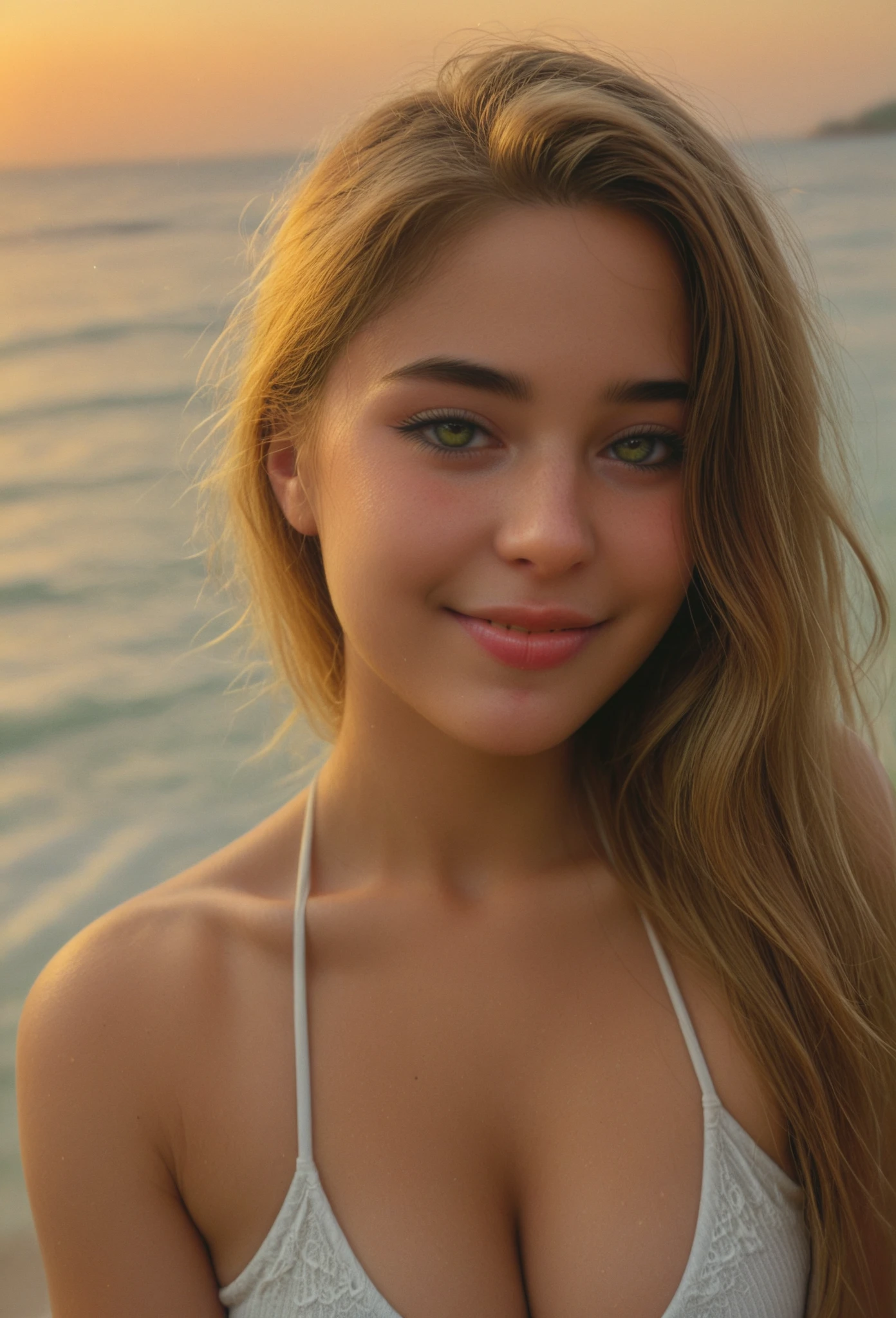 A 18-year-old blonde woman , ((small natural breasts )), tiny breasts((hiperrealismo))textured skin, goosebumps, perfect eyes. Blonde hair with light brown roots. cabello rubio, Hair with brown roots, extra long hair, really long hair. photo taken with iPhone. At the beach. Beach background. Female friends together. Another girl next to her. One brunette girl too. Both fully clothed. Both of them have shirts. Shirts on. Brown hair girl (friend). red shirt on. Blue shirt on. Full body shot