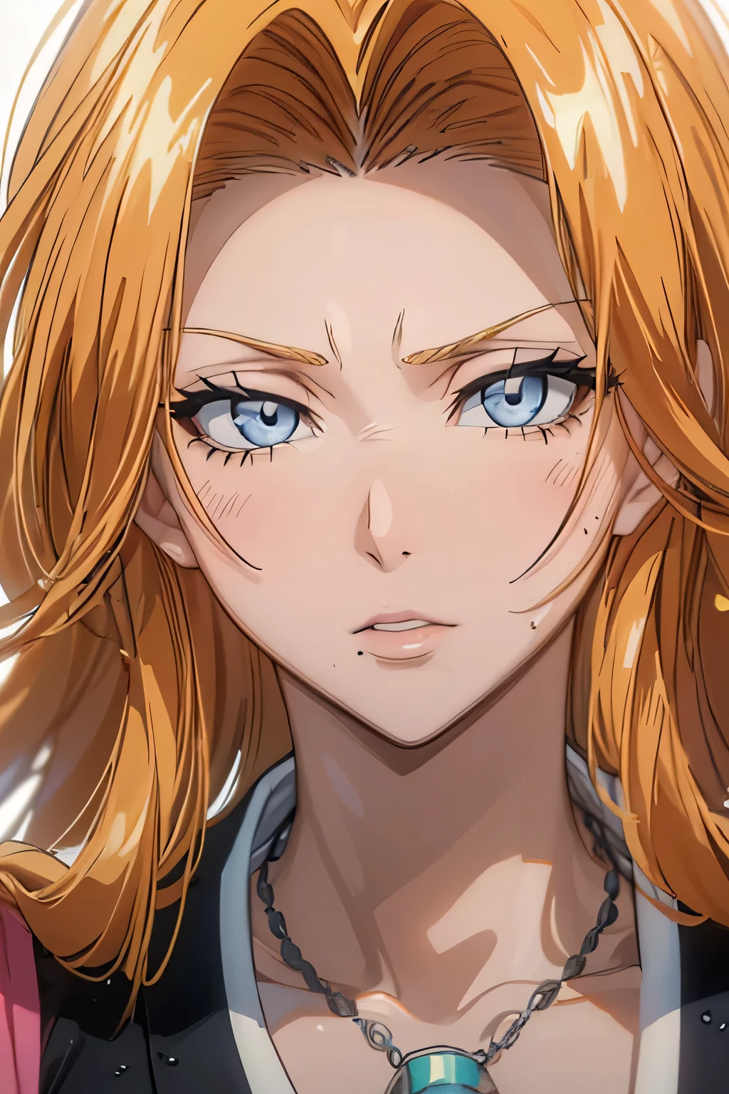 (portrait:1.4),(close up face:1.4),
(white background, plain background, simple background:1.3),
((best quality)), ((masterpiece)), high resolution, sharp focus, (ultra detailed, highly detailed), (highly detailed CG unity 8k wallpaper),
(((vibrant colors))), {best illustration}, very shiny skin, shiny body, plastic glitter skin, exaggerated shiny skin,
illuminated skin, (oily skin:1.4),(glistening skin:1.2), Detailed skin, 1adult woman, eft_bleach_rangiku, matsumoto rangiku, (narrow eyes),
breasts, long hair, solo, cleavage, mole, orange hair, mole under mouth, (complete anatomy), betterhand,5本の指, light blue eyes,
(Mature Woman), (oily skin:1.4), (Wet skin), Detailed skin, Breast explosion, very big breasts,(very big boobs),huge breasts, (sagging breasts:1.5),
japanese clothes, large breasts, between breasts, jewelry, necklace, haori, kimono,