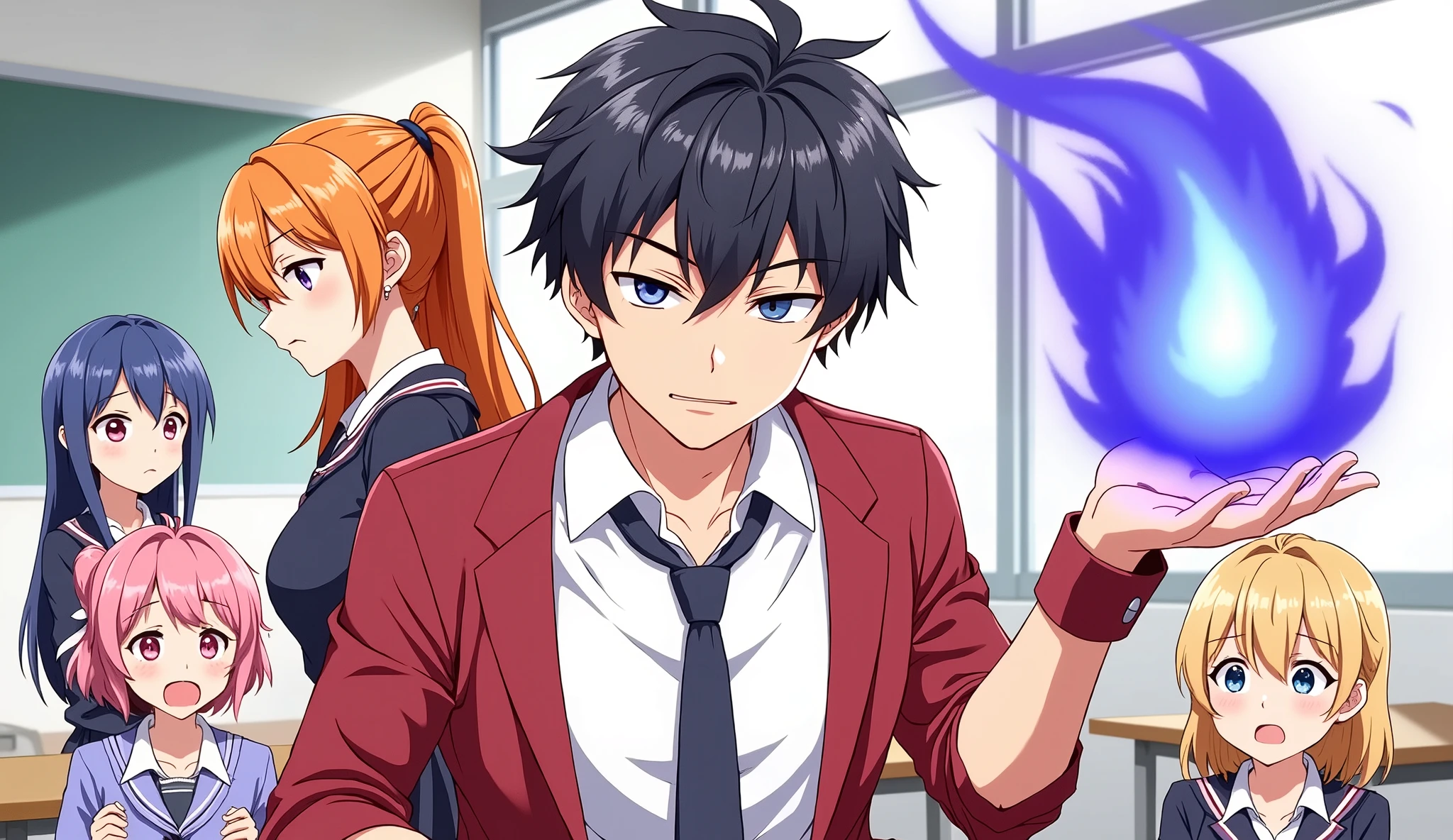 "Create an anime-style high school classroom scene. In the center sits a dark-haired male student wearing a red school uniform and a loose tie. He has a completely bored and uninterested facial expression, with no blush, no emotional reaction, and half-lidded eyes. In his hand, he casually holds a glowing blue magical flame, showing no effort or excitement. Around him, four schoolgirls are reacting to his power — one orange-haired girl blushes and looks shyly impressed, a blue-haired girl with red glasses looks scared and clutches her , a pink-haired girl is frozen in shock, and a blonde girl nervously stares at the flame. Their expressions should include a mix of shyness, nervousness, and fear. The background should show a typical Japanese classroom with bright daylight coming through large windows. Add glowing magic aura effects to emphasize the boy’s overwhelming hidden power. The image should look like a dramatic anime screenshot, not a stylized painting or concept art. This scene should feel like a turning point — revealing that the most 'unimpressive' student is secretly the strongest."