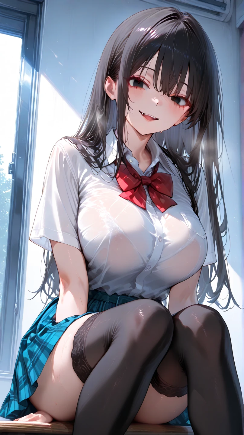 ((masutepiece, Best Quality, hight resolution, nffsw, Perfect Pixel, 4K, nffsw, nffsw))), 1girl in, Single, Solo, Beautie、full body seen、 ((Middle Wave Hair, Bangs, Brown hair)), ((Brown-eyed, Beautiful eyelashes, Realistic eyes)), ((Detailed face, Blushing:1.2)), ((Smooth texture:0.75, Realistic texture:0.65, Photorealistic:1.1, Anime CG style)), medium breasts, Dynamic Angle, Perfect body, ((black bunny ears、Short-sleeved white shirt with open front、、plaid skirts、garter stocking、high-heels、Kamimei)), Classrooms without people、Sit on a desk、、、early evening、、、Very embarrassing panic smile、soft boob、(、、Open both legs、Red sexy panties)、