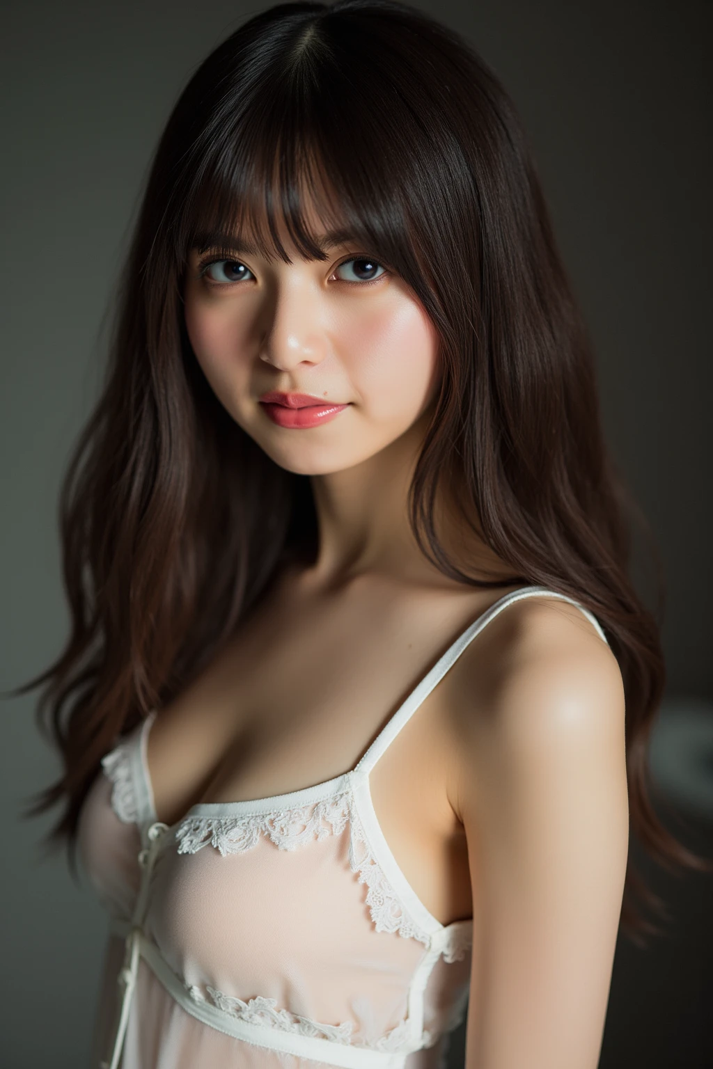 Nikon Z 85mm, ((best quality)) ((masterpiece)), intricate details, sharp focus, professional, photorealistic, real life, ultra realistic, photorealism,SILHOUETTE light,finely detail,best quality,extremely detailed CG unity 8k wallpaper,perfect artwork,upper body, shiny hair, glowing eyes, lustrous skin, realistic, perfect female figure, narrow waist, looking at viewer,lace,seductive posture, sexy pose, an extremely delicate and beautiful,best quality, beautiful detailed girl, beautiful detailed eyes,light on face,cinematic lighting,see-through,White pajamas, transparent material, revealing buttocks,a realistic representation of the face,  (intricate details, makeup, (detailed beautiful delicate face, detailed beautiful delicate eyes, a face of perfect proportion, high detailed skin, detailed skin, best ratio four finger and one thumb, arms under breast, medium large breasts, smooth midriff, skiny and thin,fashion, solo ,(young), face highlight, upper body, detailed face, white skin, silver hair, ponytail, braid hair,big eyes, silk robe, (hollow pattern, silk), earrings, slim body, luxury room, professional lighting, tear robe,1 girl,Coiling hair