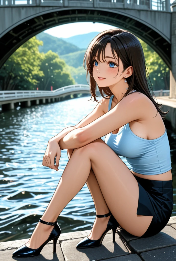 1 Girl, solo, Lace pink lingerie,bra,Skinny jeans,Look at the audience 1:5,Sitting on the lake,Large breasts and breasts,Perfect body,black hair,Messy Hairstyle,The background is a frozen lake,shy,Cucumber in hand