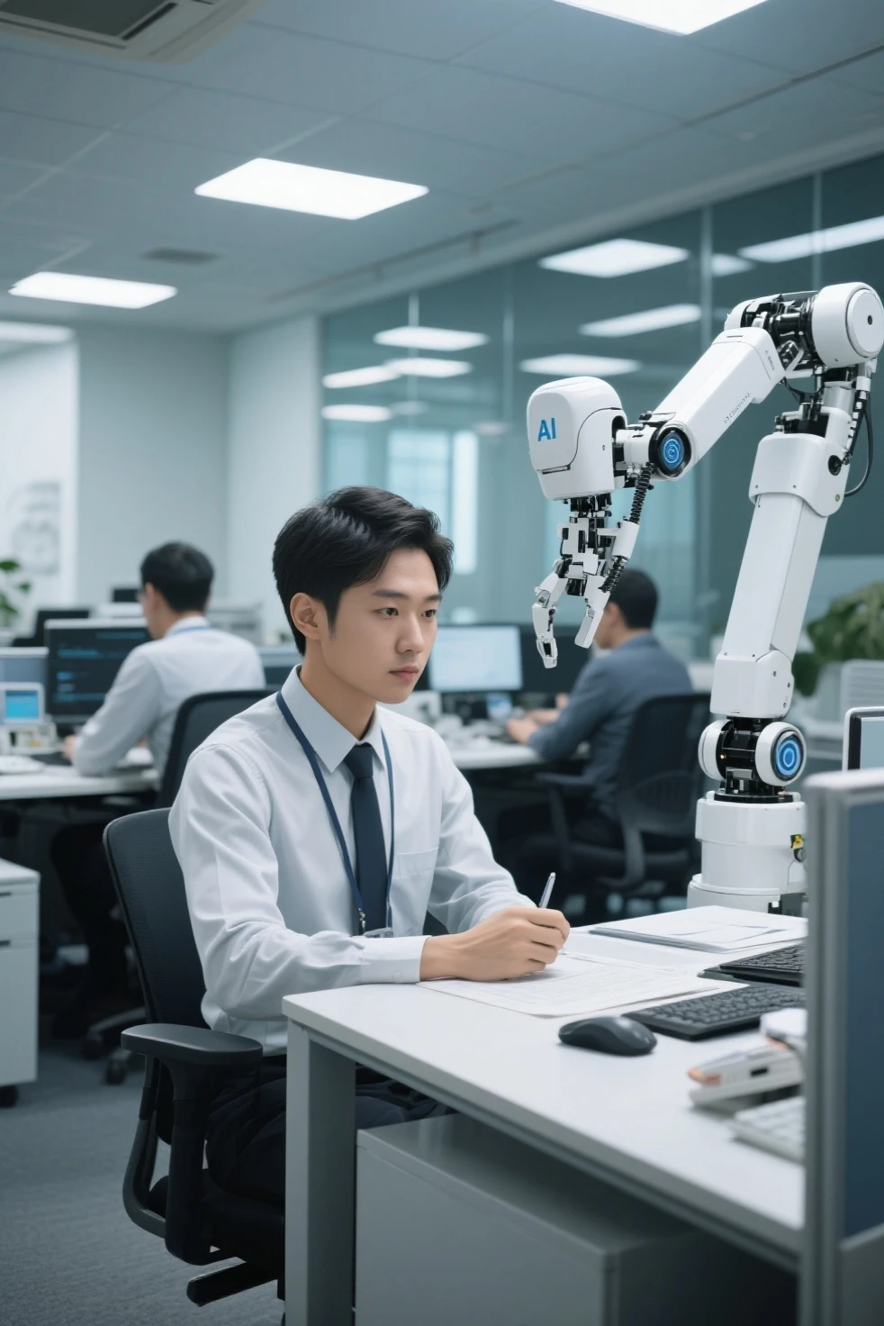 Asian Realism, semi-mechanized workers, AI management company, office workers