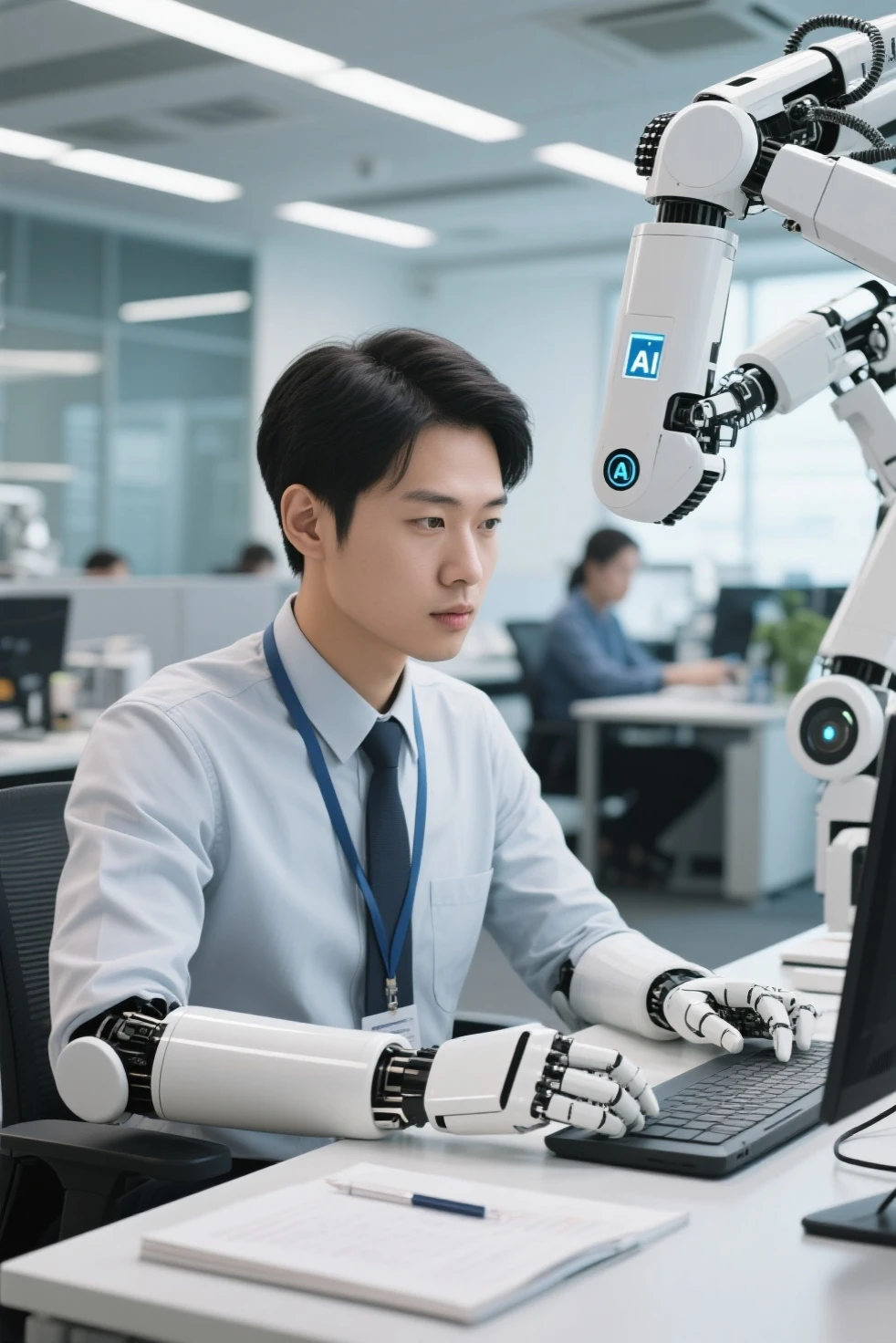 Asian Realism, semi-mechanized workers, AI management company, office workers