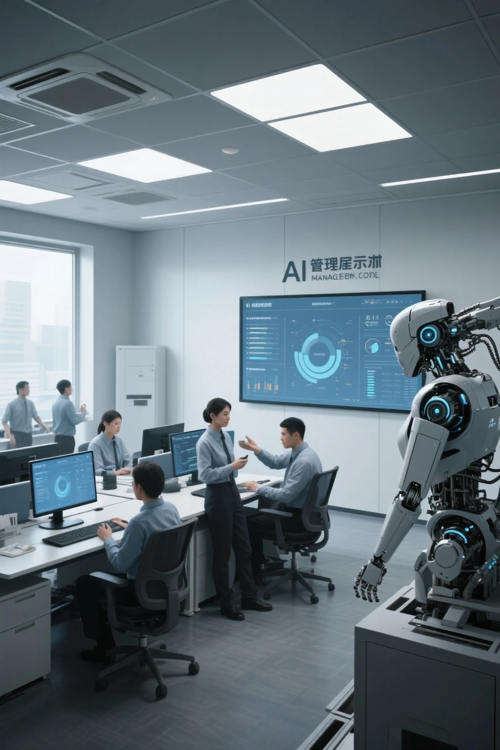 Asian Realism, semi-mechanized workers, AI management company, office workers