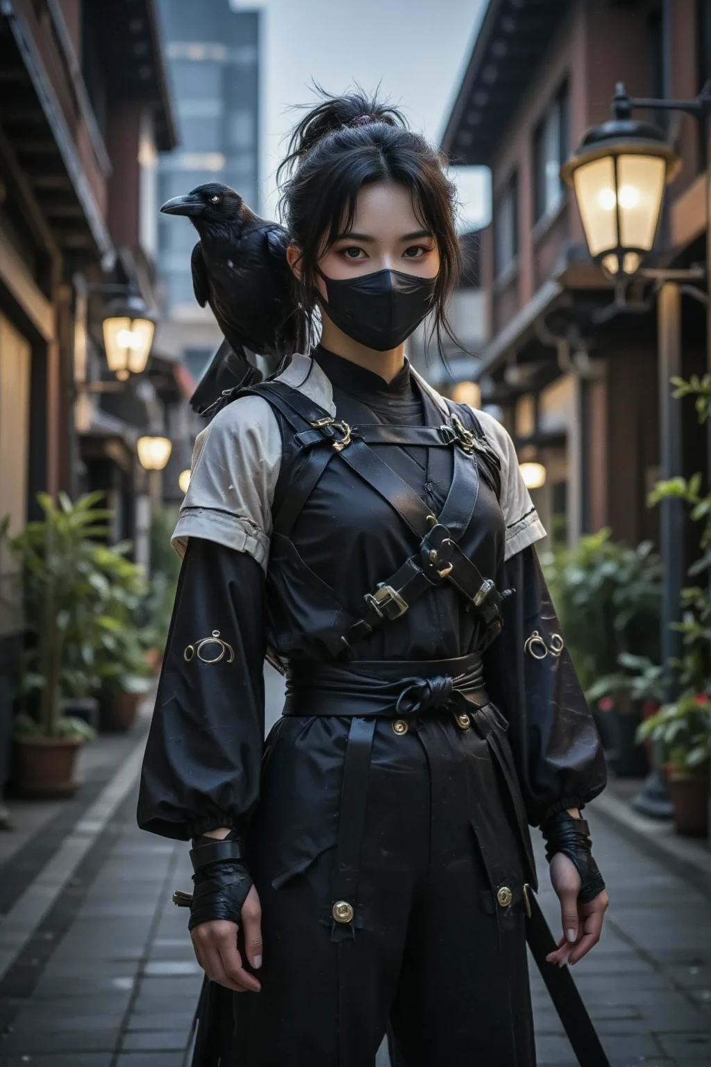 Female Assassin Pink and Black Cloth design, detailed fabrics, Whole Body, on white background (natural skin texture, hyperrealism, soft light, sharp)