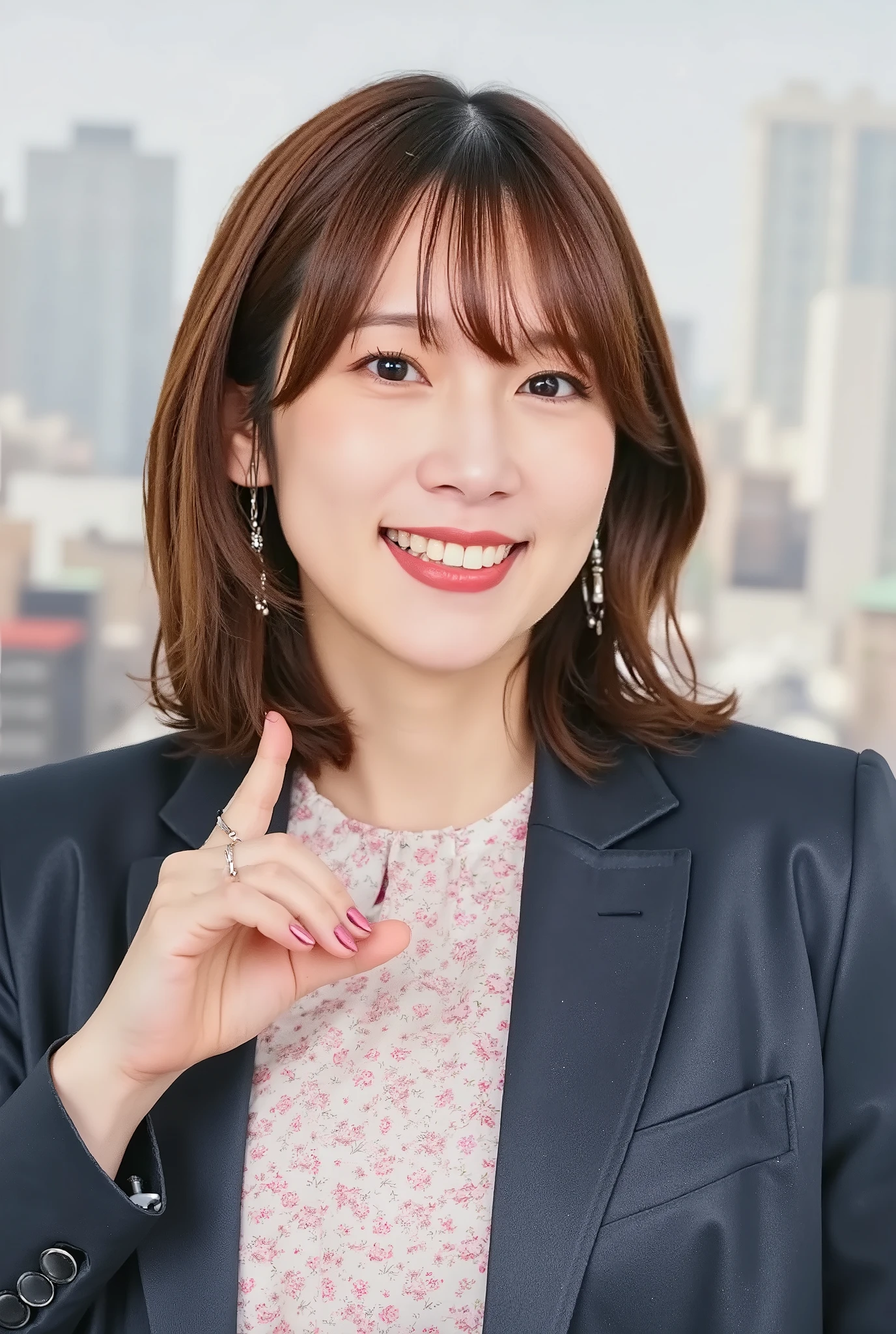 Neat Young Woman、and look at the camera、office lady suit、jacket、shirt、necklace、ear piercing、、、smile showing teeth、背景はオフィス