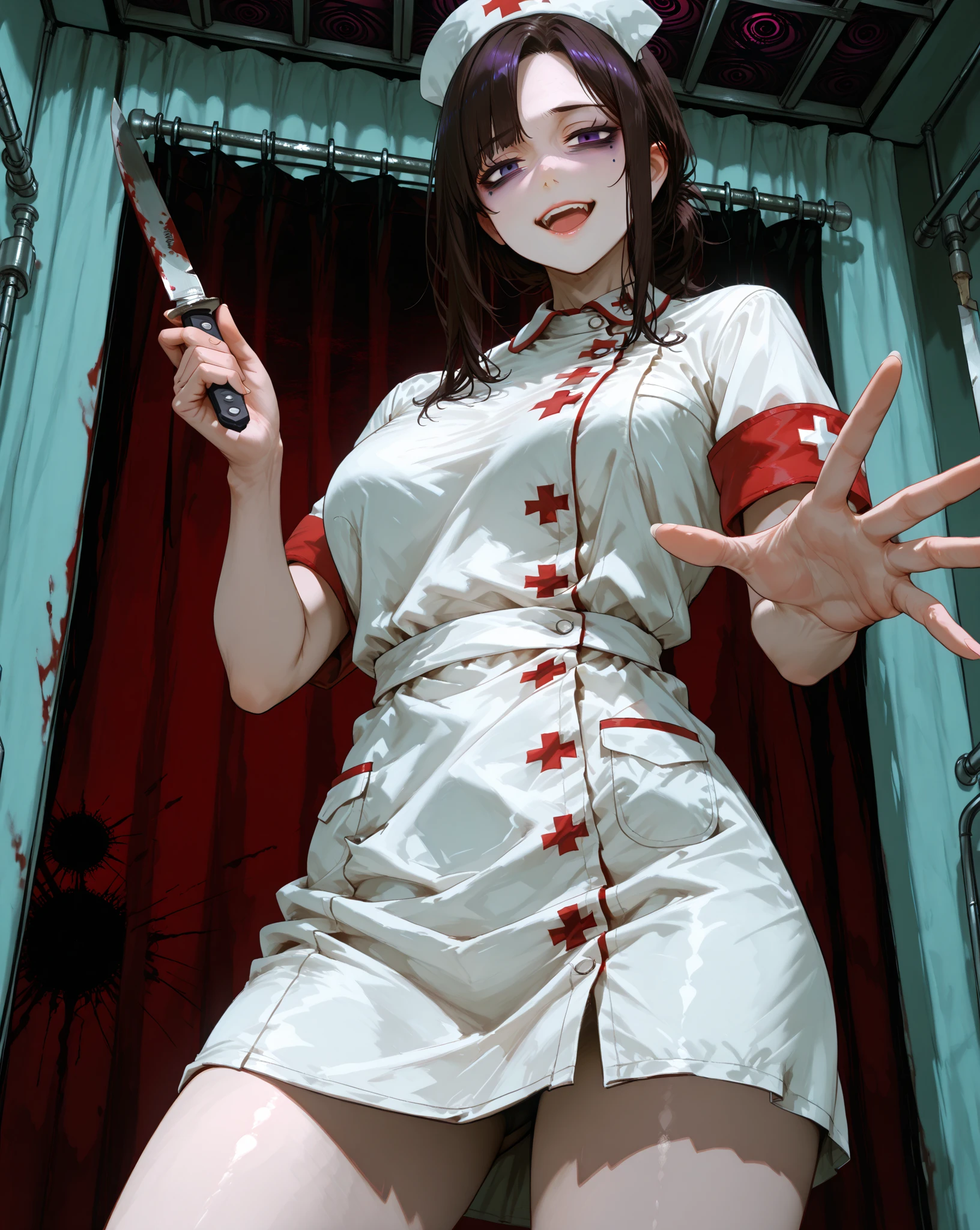 pulp horror, wicked grin, 1girl, (cream champion:1.3), (in a ragged storage room:1.3), (full body:1.4), thigh gap, vivid black hair, half updo, crimson eyes, , (from below:1.5),(from behind:1.5), (looking at viewer:1.7), wide hips, narrow waist, athletic hourglass figure,(muscular:0.6), , (long dress:1.2) [:sexy costume design:0.2], korean