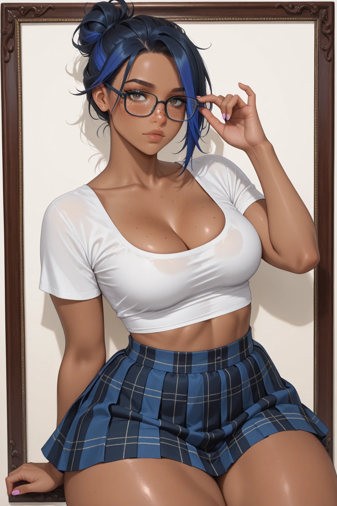 kate, short hair with blue highlights, gazing at viewer, blue colored eyes, perfectbody, white blouse, bermuda jeans, cute round glasses, White sneakers, light pink half socket, (( fully body, )), cycling in a park, rose with basket, on the way roses, Sorrind, shy, Smiley, blush completo, wide plan, Hyper-Realism, high resolution, best qualityer, grin, black hair, streaked hair, blue hair, short hair, hair behind ear, hair over one eye, panorama, Hyperrealism, cinematic lighting, cowboy shot, 8K, masterpiece, accurate, textured skin, super detail, highres, 8K