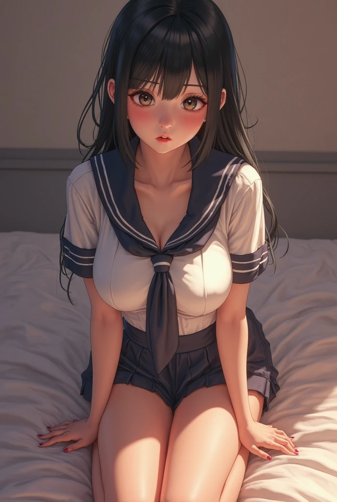 highest quality、High resolution、detailed background、beautiful and detailed face、beautiful and smooth skin、skin texture、professional lighting、Beautiful  girl、(huge breasts:1.1)、Lying on a hotel bed、sleeping in bed、unprotected sleeping face、cute hairstyle、 cute sailor suit、white sailor collar、Plaid pleated mini skirt、white knee high socks、sleeveless、short sleeve、camel toe、panty shot、Lower milk is visible、unprotected sleeping face、My clothes come off and I can see my underwear