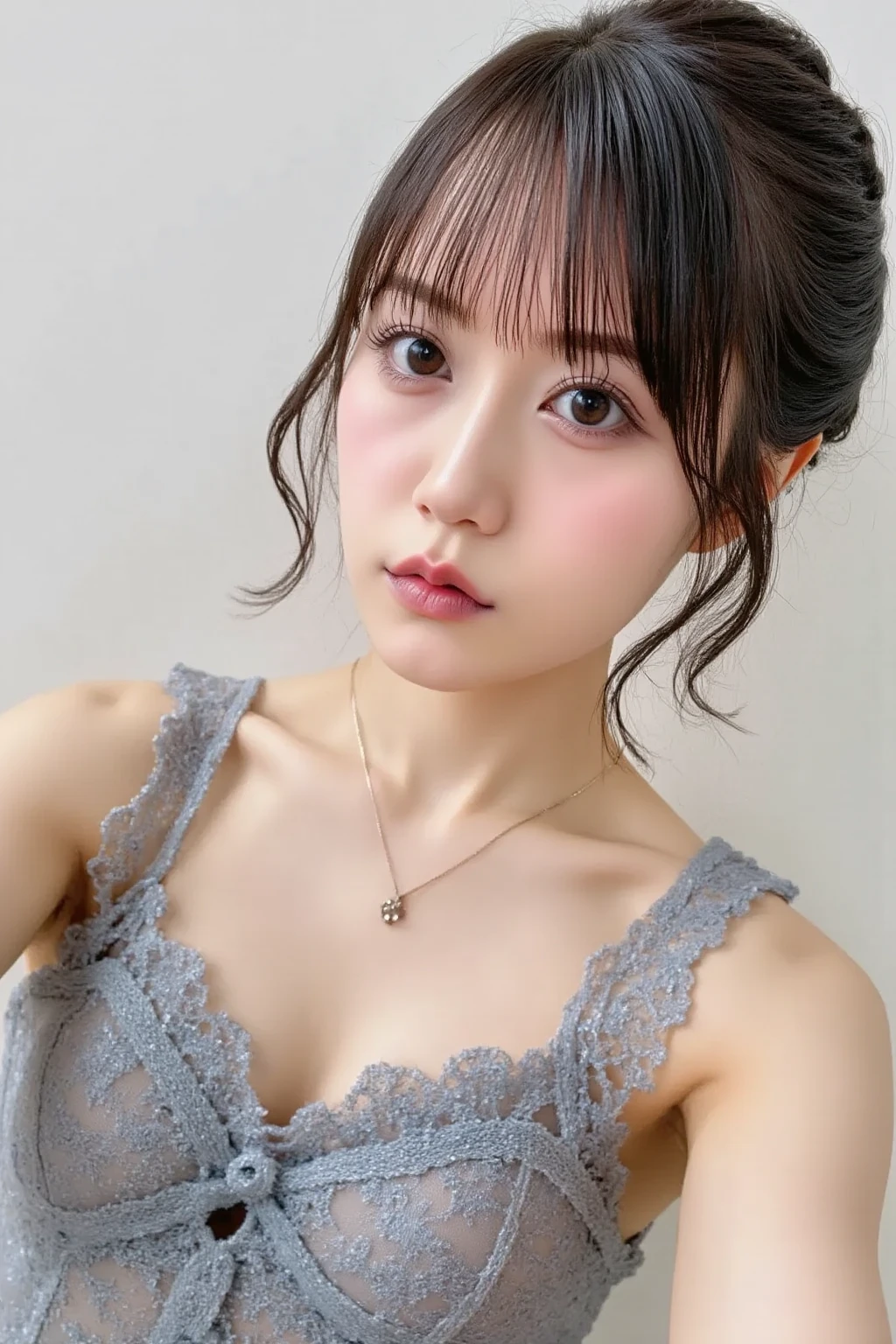Dark blue lacy thong bra, Large Breasts, (((とてもエレガントでbeautiful, Perfect detail, Very detailed))), whole body, The most detailed girl, Written boundary depth, 美しくdetailedなwhole body, Thin legs, 1 girl, 30 years old, Very short hair, Spiked Hair, Gray and silver hair, beautiful detailed hair, Perfect Face, Expressionless, beautiful, detailed, Deep Eyes, Open your mouth a little, Delicate arms and hands, Pale skin, Earrings, beautiful and gorgeous necklace, Colorful background, HD background, Blurred Background, とても繊細でbeautiful, masterpiece, (((Highest quality, とてもbeautiful8K CG壁紙))), (((Trendy hairstyles))), (Inside the room,Stylish interior,window),