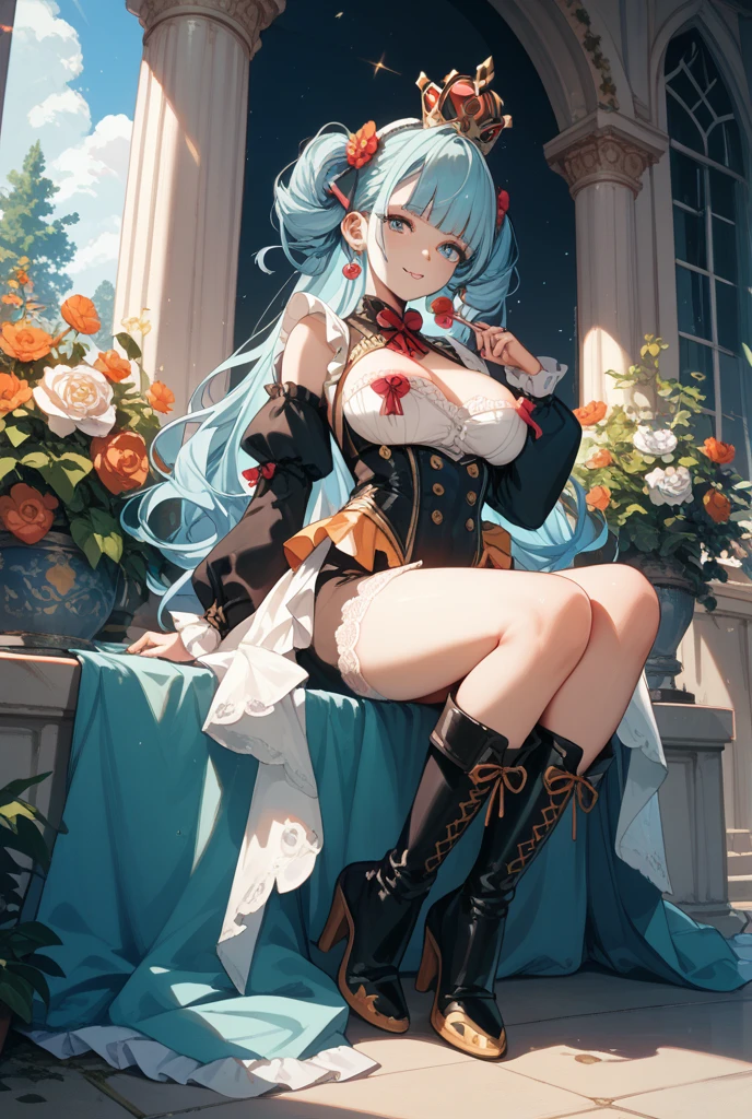 masterpiece, best quality, highres, 1girl, blue hair, long hair, very long hair, ponytail, bangs, hair between eyes, sidelocks, ahoge, goat horns, horns, purple eyes, bell, cowbell, neck bell, collar, detached collar, white collar, bare shoulders, pantyhose, black pantyhose, bodystocking, bodystocking under clothes, pelvic curtain, detached sleeves, white sleeves, long sleeves, gold trim, medium breasts, gloves, black gloves, ribbon, leg ribbon, ankle ribbon, white footwear, vision (genshin impact), ganyu \(genshin impact\), outdoors, (sandstone peaks, yellow sky, yellow leaves, steppe, autumn, autumn leaves, lake:1.2), sitting, slight smile,