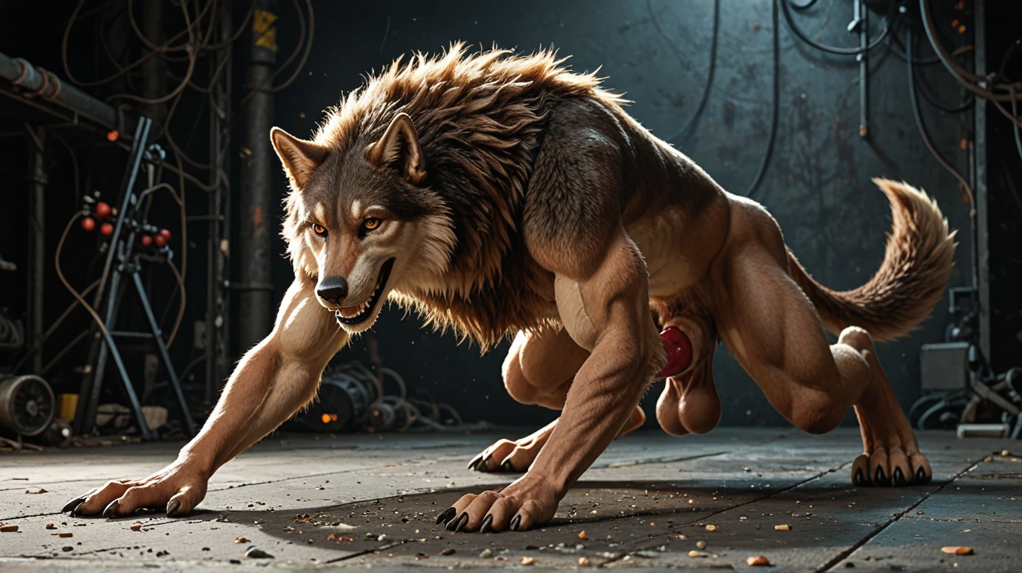 realistic anthro fucking big muscle amthro daddy dog, erected dog dick, knoted dick, knot