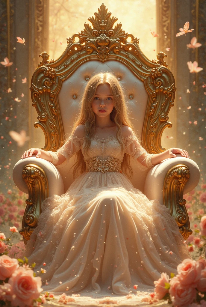 A young, stunningly beautiful and blonde child princess, dressed in a light silver, foot-length dress with short sleeves, sitting on her throne in the throne room of her castle, she is wearing no crown and no jewelry, view of the princess from the front and in full body view from head to toe, hyperrealistic,