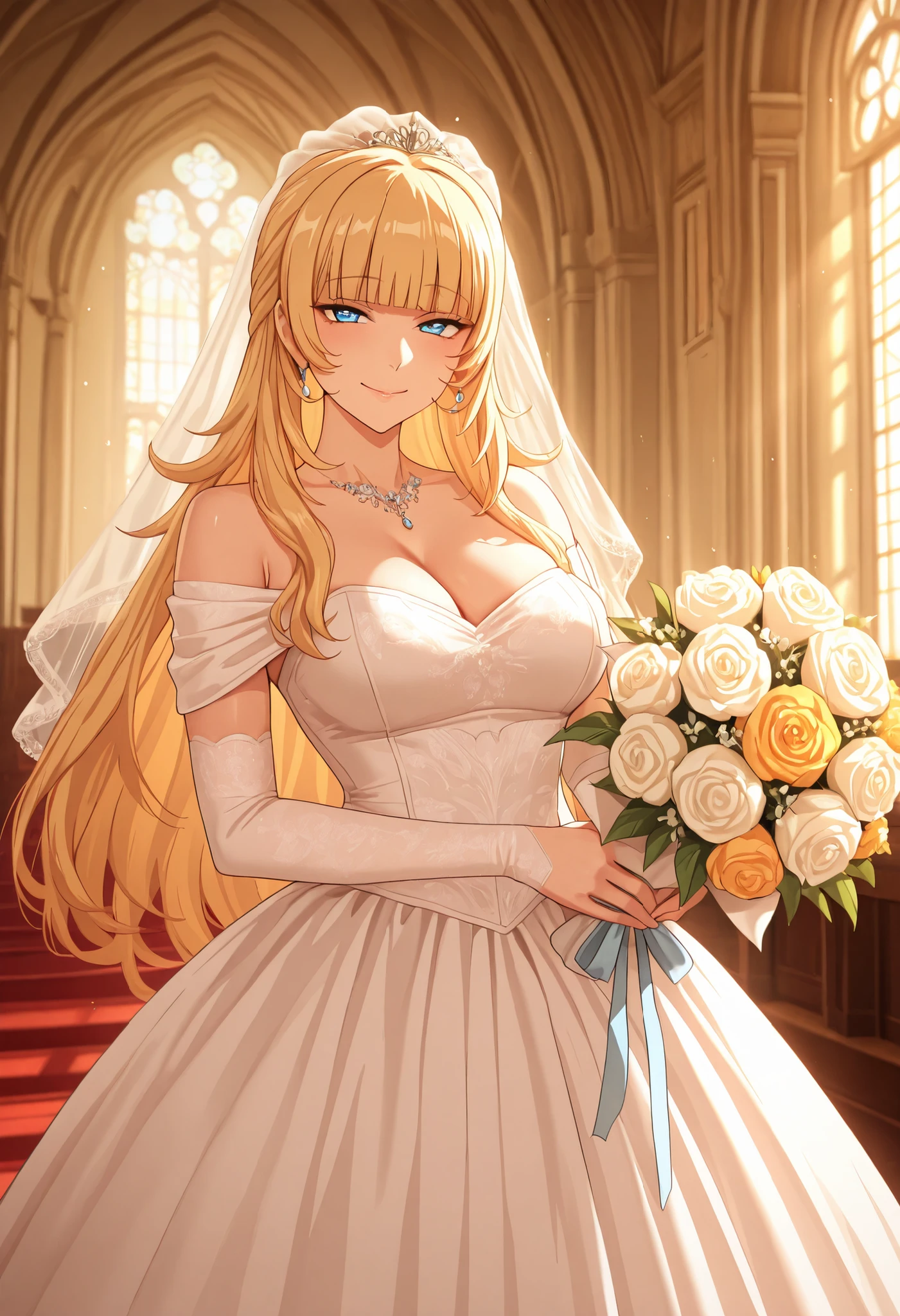very awa, (vivid colors), detailed eyes, shining eyes, masterpiece, best quality, ultra-detailed, (8k), (hdr), (ultra-detailed), absurdres, looking at viewer, solo, 1girl, girl, indoors, church, day, smile, aamarie, blue eyes, blonde hair, blunt bangs, wedding dress, white wedding dress, anime coloring, ((standing, holding bouquet, cowboy shot))