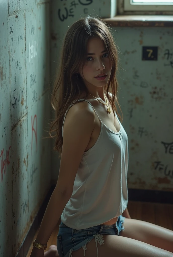 photorealistic, 8k, high quality, cinematic lighting, vibrant colors, detailed textures,one girl, wearing white buttoned long sleeve, tucked in a blue jeans, hands up, back against a cement wall, very dark basement, scared face, looking at the viewer, ((arms are raised upward, )), ((back on a wall)), teen,beautiful face, super model, french