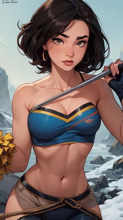 (tmasterpiece, La mejor calidad: 1.2), Disparo de vaquero, solo, 1girl, Yaoyorozu Momo, cabello negro, smil, boca cerrada, mira al espectador, Deportivo Tiger Top, pantalones cortos, 鎖骨, escote, muslos anchos, Thights, Athletic hips, ponerse en cuclillas, pechos grandes, Epic perspective, el sudor, erotismo, gotas de sudor, , sexo, esperma, vapor