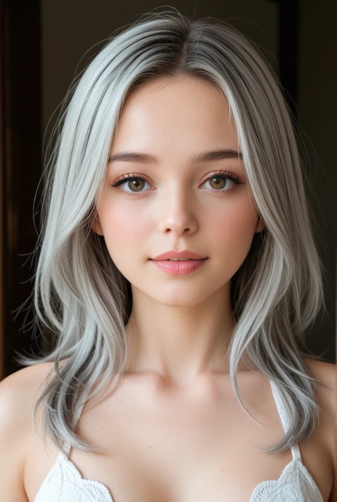 ((8k, RAW photos, top quality, masterpieces), high-definition RAW color photos professional close-up photos, (realistic, photorealism: 1.37), (highest quality), (best shadows), (best illustrations), collarbones ((big)), ((erotic, sexy, ultra high resolution, high-definition CG unified 8K wallpapers, physically based rendering, movie lighting) lifelikewoman 60 years old,close up of chest_neck_hair, gray hair, red dress_ coy smile