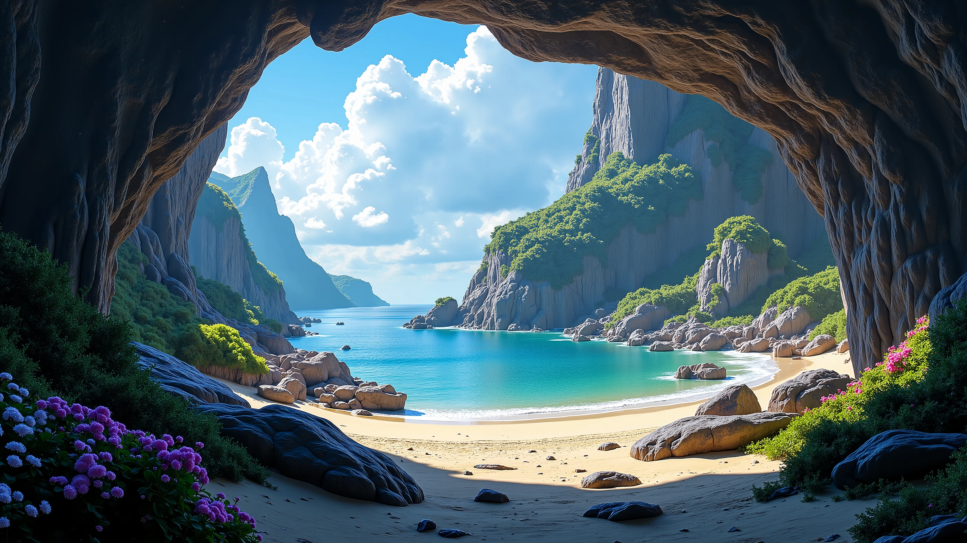 movie-like composition, Epic Mystical Landscape Painting, HIGH FANTASY, fantasy landscape, beach, Ocean, Tropical Island, spring, flower, rocks,owing Entrance to the Cave , Epic Fantasy Art, Idyllic,  (piece:1.2), (A magnificent composition:1.4), (:1.2), Ultra Details, Cinematic Lighting, very detailed, insanely detailed, (photorealistic:1.2), HDR, 8k, exquisite, sharp, elegant,  Ambient lighting , Brilliant Fantastic Colors, High Quality,