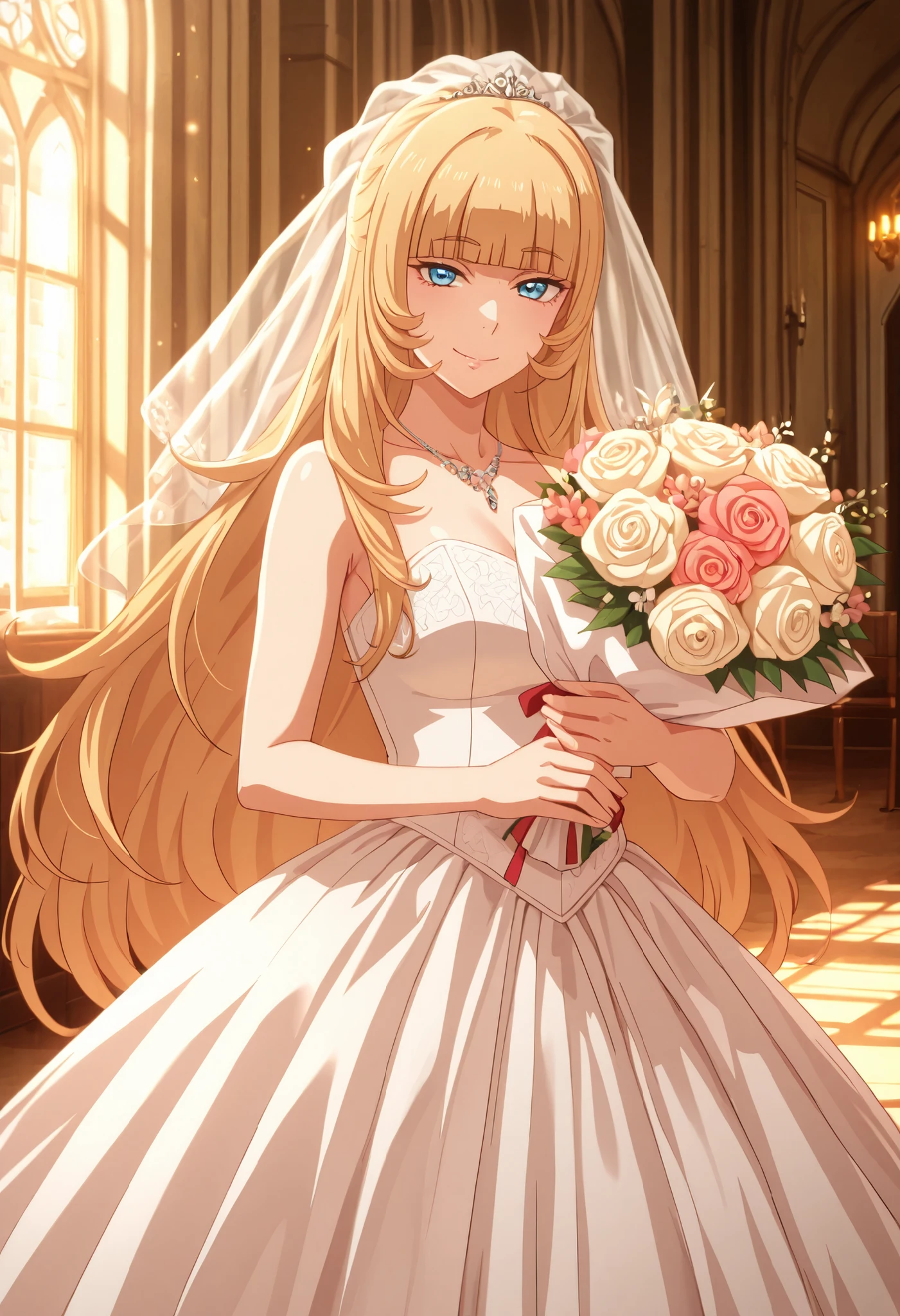 very awa, (vivid colors), detailed eyes, shining eyes, masterpiece, best quality, ultra-detailed, (8k), (hdr), (ultra-detailed), absurdres, looking at viewer, solo, 1girl, girl, indoors, church, day, smile, aamarie, blue eyes, blonde hair, blunt bangs, wedding dress, white wedding dress, anime coloring, ((standing, holding bouquet, cowboy shot))
