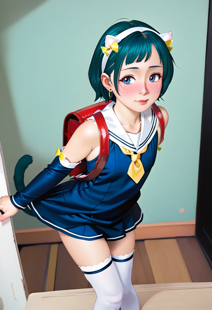 ,One girl,Deltamon_beta, alone, blue eyes, Knee socks, Animal ears, Bare shoulders, Blue Tail, Earrings,Removable sleeves, Green Hair, No sleeve, Cat ear, bag, white Knee socks, Cat&#39;s Tail,pink backpack,Pink school bag, Destroying All Fours, teeth, teeth focus, Camel Toe, From behind, Destroy the mimic chest, BREAK
score_9, score_8_superior, score_7_superior, score_6_superior, score_5_superior, score_4_superior, anime, No correction, (high quality, detailed, beautiful), Shiny, detailed beautiful eyes, Extraordinary, Countershading, detailed soft lighting