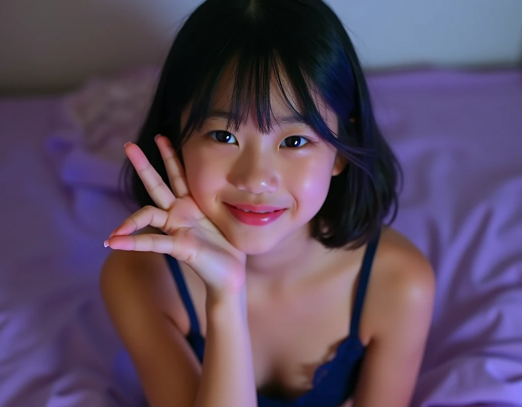 ((dark, small and dirty room))、16 year old Japanese、Baby Face、Big Breasts、Accentuate your cleavage、Light red camisole dress、Big eyes、黒Big eyes、Stand next to the bed、You can see beautiful thighs、Very short、顔がとてもsmall、(Red Light District)、(Prostitute)、Sexy pink lights、small, dark room、Short pigtails,((From above)),(Smiling with teeth showing:1.4)