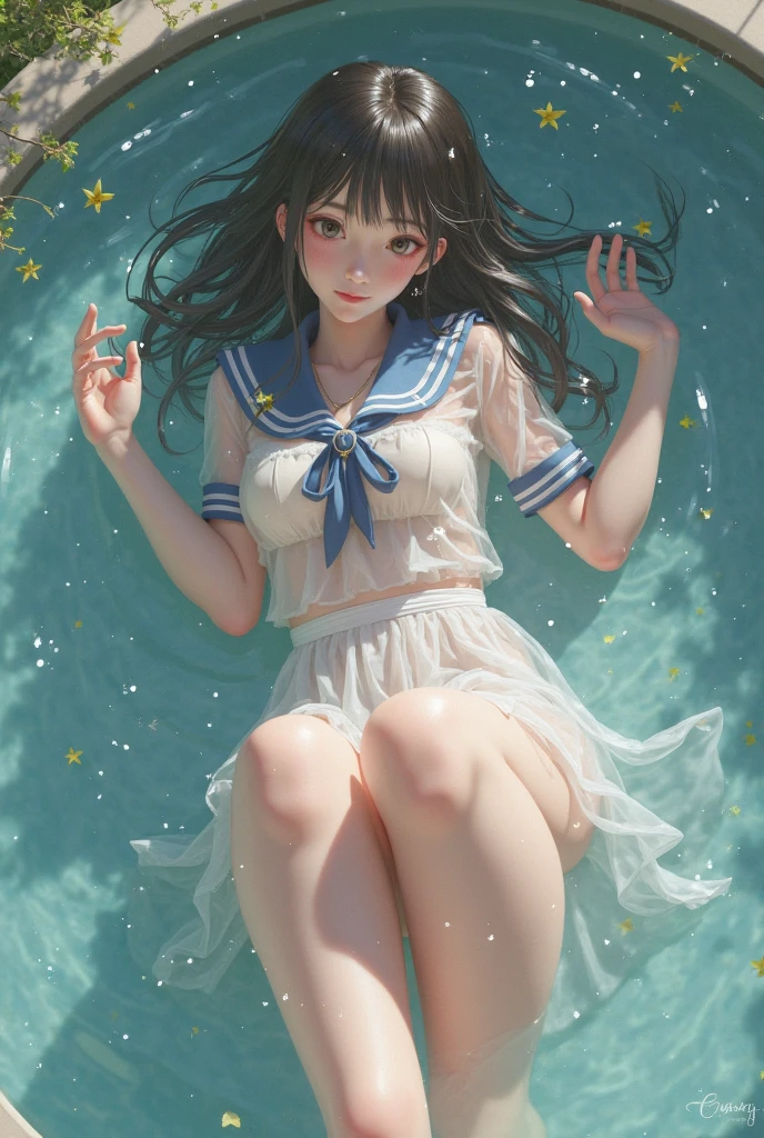 Anime girl lying in a bathtub with water lilies, artwork in the style of Gwaiz, Gwaiz, Gwaiz on pixiv artstation, Gwaiz on artstation pixiv, Gwaiz masterpiece, Soft anime illustration, Created by Anime Painter Studio, Reusch and Urop, By Chen Yanjun, Beautiful Anime Girls, At the pond
