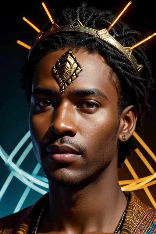 Garoto africano. Harry Potter. Floating constructions adorned with intricate geometric patterns. lush vegetation that shimmers with a magical luminosity and the night sky full of stars. No horizonte, Magical beings inspired by African and Afrofuturist mythologies rise majestically. Criaturas com corpos que mesclam aspectos de animais e seres celestiais. Harry Potter, vestindo trajes afrofuturistas que combinam elementos tradicionais com detalhes futuristas, Moves forward with a look of wonder on his face. In your hand, He holds a wand carved with ancient symbols that glows with a magical light that harmonizes with the environment around him.