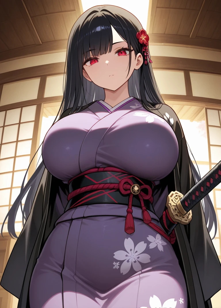 masterpiece, (pink kimono), seductive face, good lighting, décolleté, fine details, masterpiece, glowing eyes, 1girl, black hair, gag, bamboo, Nezuko Kamado, wisteria background, masterpiece, best quality, POV, whole body, wide hips,