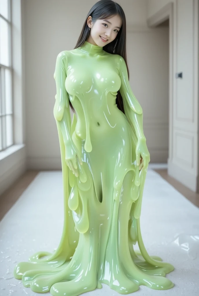 Asian woman, thick eyeliner long eyelashes, heavy makeup, moaning in pain, wet slime dripping
