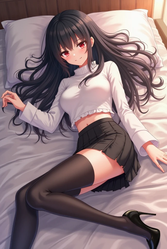 score_9, score_8_up, score_7_up, score_6_up, score_5_up, score_4_up, source_anime, 1girl,bed, black hair, long hair, red eyes, w-w-chain, shackles, spread arms, messy hair, white shirt, shorts,thigh high boots, black boots, heels, dungeon, best quality, best res, 4K UHD,
 