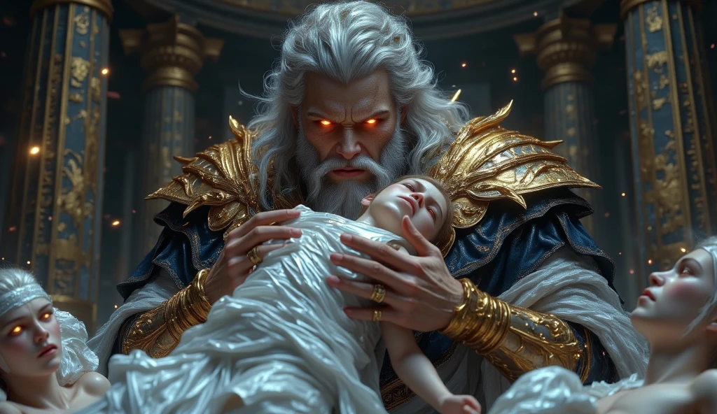 "Illustrate the scene of Reia hiding baby Zeus from Cronos on Mount Olympus."