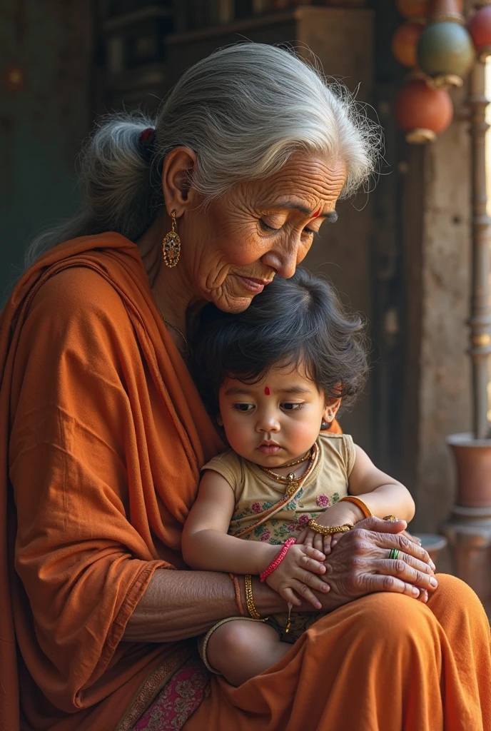 An old, poor grandmother in a village is giving one rupee to her grandson and crying.