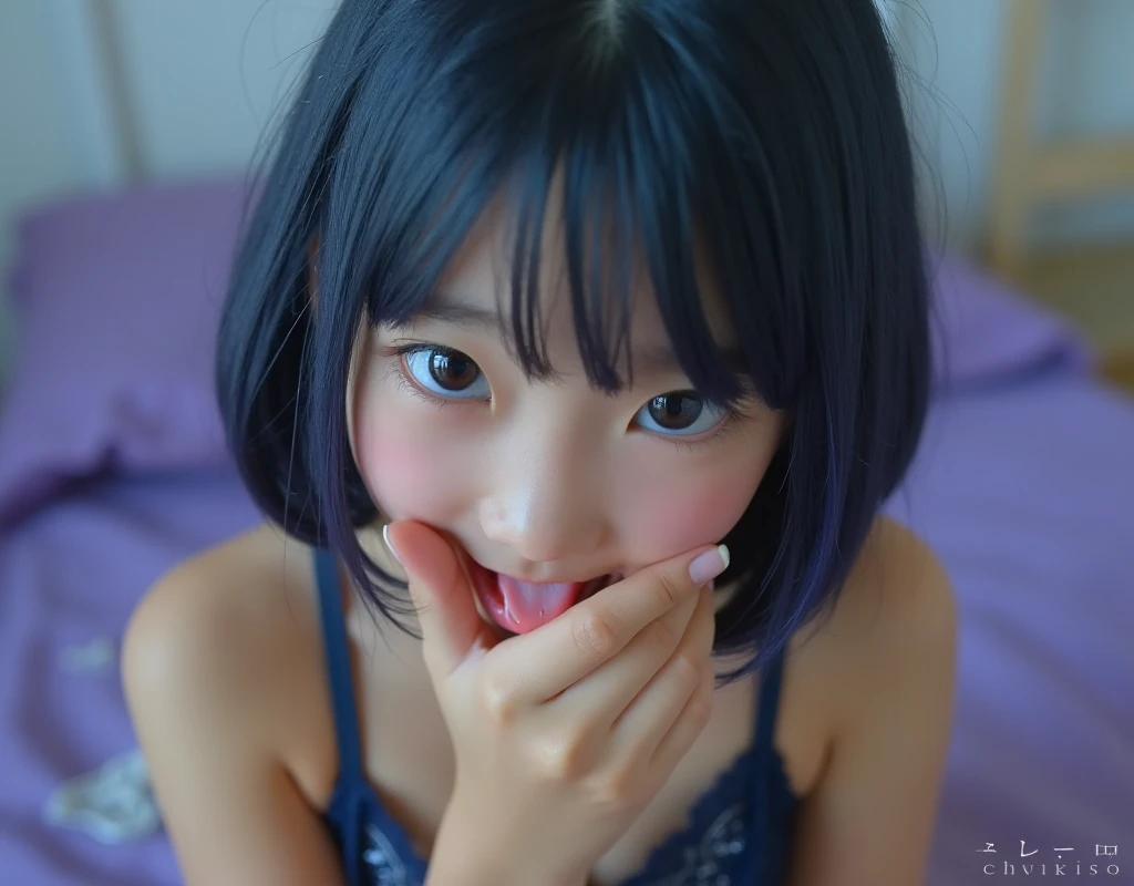 Very detailed, Seductive erotic woman sweating,Bobcut, big breasts, (Big Breasts, pink/Blue Hair), Complex eyes,whole body,naked,Leg spread,Hands up,Sticking out tongue,