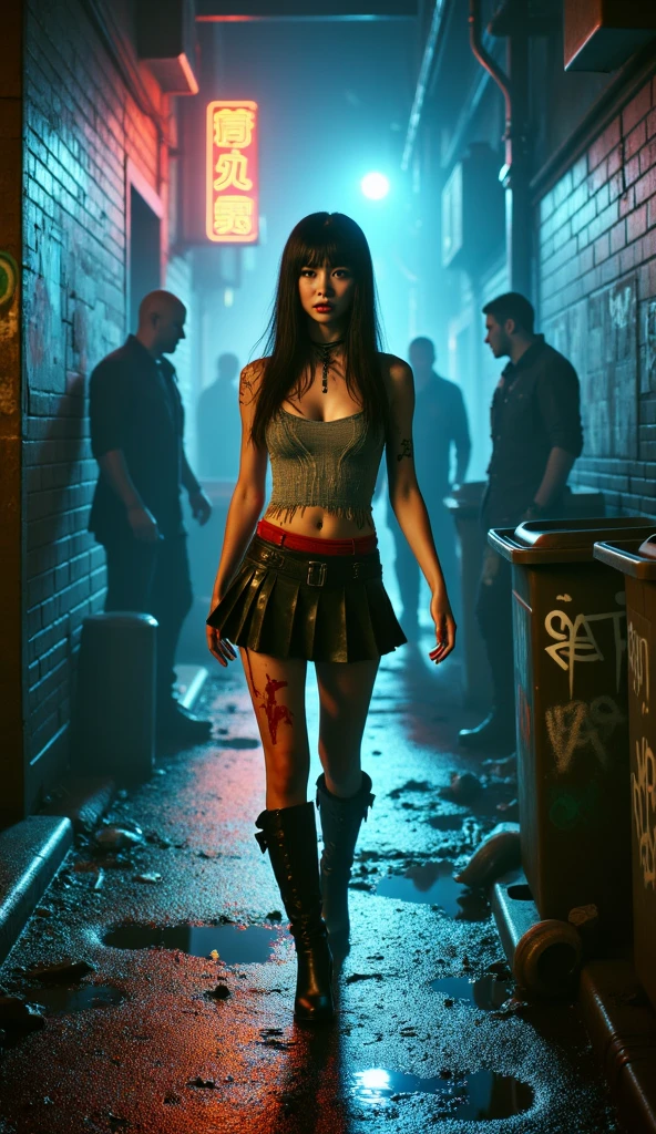 Sitying in a dark alley with rain coming down holding a toy gun in hand, acting sweet and psyco at same time wearing a blue skirt with glitter, blue top blue shoes she is sweet but also psyco Caucasian-Hispanic mix women, with deep wave long curls smooth finish black hair with, light blue, teal, and blonde combined together blue eyes, Instagram model, black makeup long lashes, big lips, red lipstick nose pierced 30k