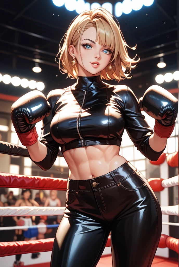 Best Quality, masutepiece, High resolution, (Anime Heroine Illustration), Anime Paint, 1beautiful girl ,Dynamic Angle,Female wrestlers,small head,Large breasts,Trained abs,nice legs, Glowing skin, Sweat,At a professional wrestling venue ,Detailed beautiful face,Large eyes,detailed hairs,detailed skins,Realistic Skins,Sweat,detailed clothes,from side