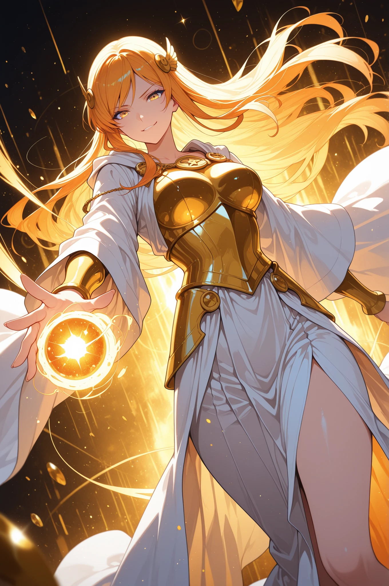 A captivating D&D woman with bright yellow hair and striking blue eyes stands confidently, her large chest accentuated by tight orange clothes. Nine fox tails, reminiscent of Kurama, flow gracefully behind her, glowing with a mystical aura. Soft clouds drift in the background, enhancing the alluring and magical atmosphere she exudes.