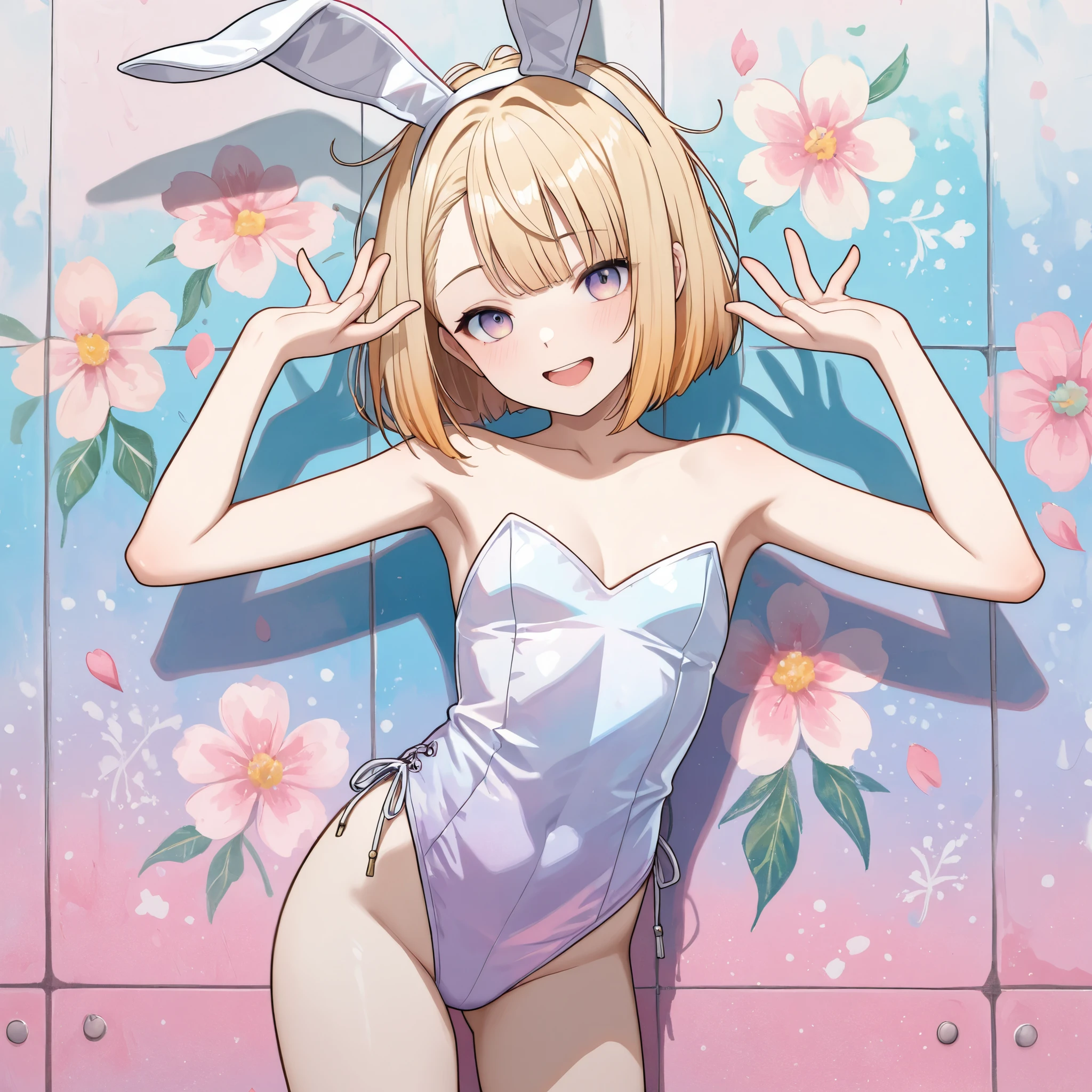 ((Masterpiece)), ((best quality, amazing quality)), ((very aesthetic, absurdres, newest, detailed background)), ((1girl)), Cute young Girl, (Healthy Gaunt body, Textured skin, small breast, tilt head), ((pale purple eyes, gradient eyes, looking at side)), look at viewer, (playboy_bunny:1.3), put on bunny ears, slightly exposed cleavage, bare legs, (Asymmetrical bangs, softly covering part of face, long side bangs), messy hair, short hair, blonde hair, bob cut, blush, shame, smile, open mouth, (stretch out both arms and hands, stretch arms up), (against the Colorful pastel wall), petals painting, Beautiful colorful flower painting, Beautiful floral wall, (watercolor texture, pencil lines),