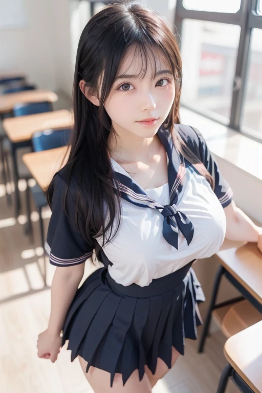 (reality: 1.4),highest quality, masterpiece, high detail, 16K quality, beautiful, 1 beautiful girl,japanese,super beautiful face,baby face,japanese idol face,cute face,super detailed face,detailed hand,beautiful skin,oily skin,big eyes,profeccional lighting,pony tail,black hair,brown beautiful eyes, standing,big smile,legs spread,spread pussy,(skirt lift),big breasts,(sailor suit),(checked skirt),(spread pussy),detailed pussy,black high socks,she is looking at the camera,classroom,nsfw,from below,
