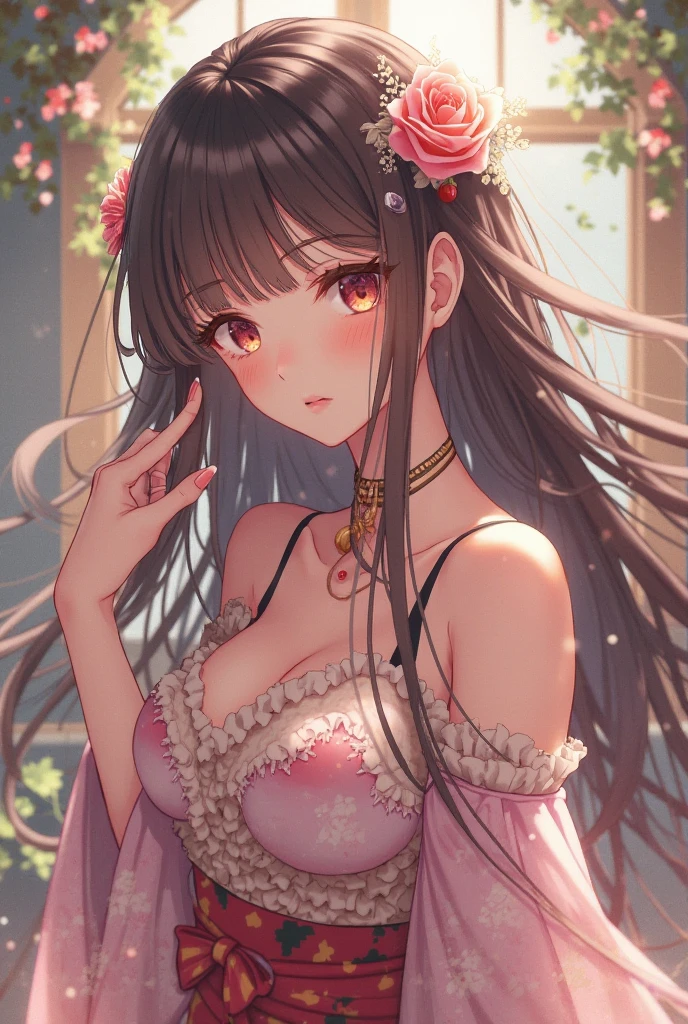 ((masterpiece, Highest quality)), High resolution, 8K, Cinematic Light, High Contrast, Written boundary depth, Strong brilliance, Detailed Background, One Girl, cute, Fine grain, Eyes sparkling, Detailed Iris, (Strawberry motif)、Beautiful breasts