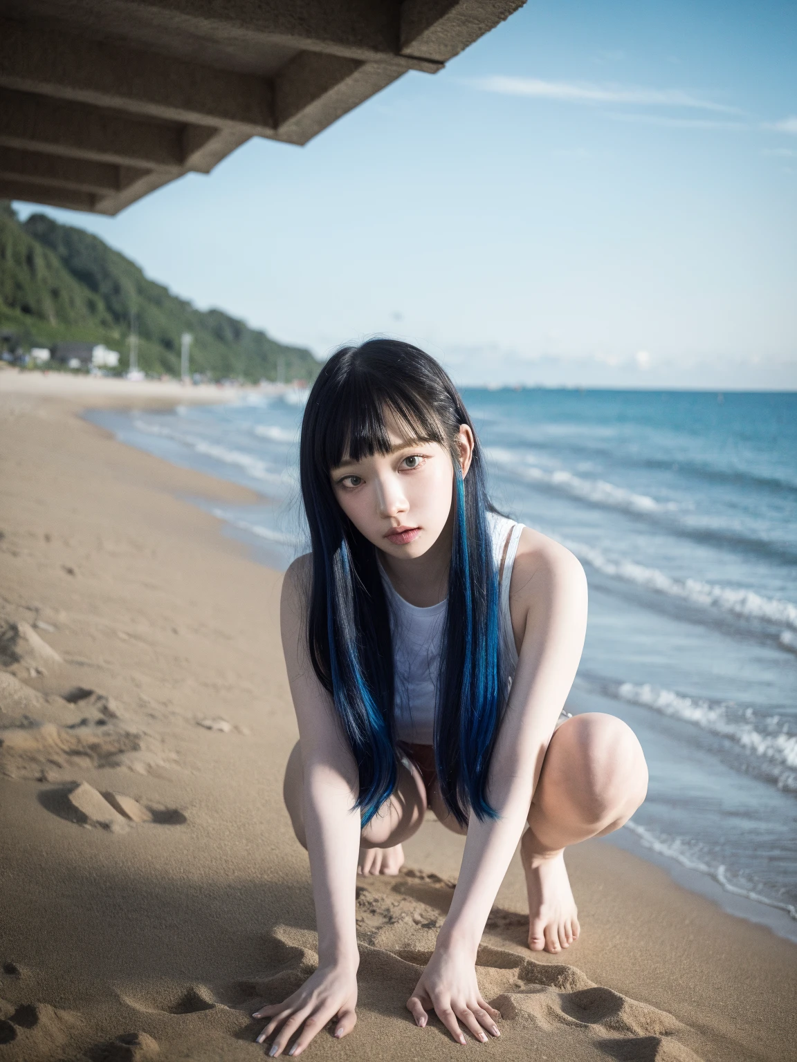 Sea woman naked navy blue hair long