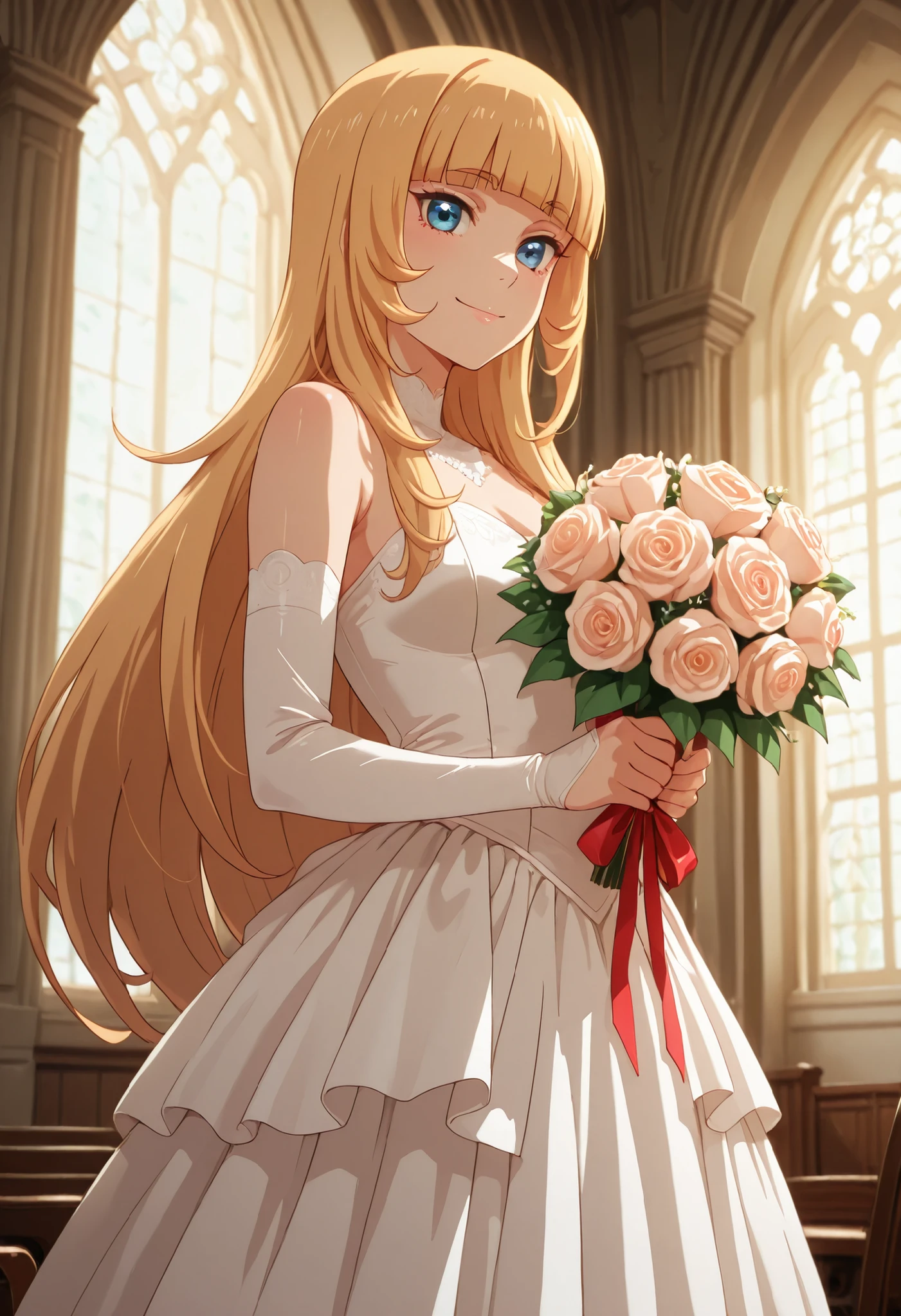 looking at viewer, solo, 1girl, girl, indoors, church, day, smile, aamarie, blue eyes, blonde hair, blunt bangs, wedding dress, white wedding dress, anime coloring, ((standing, holding bouquet, cowboy shot))