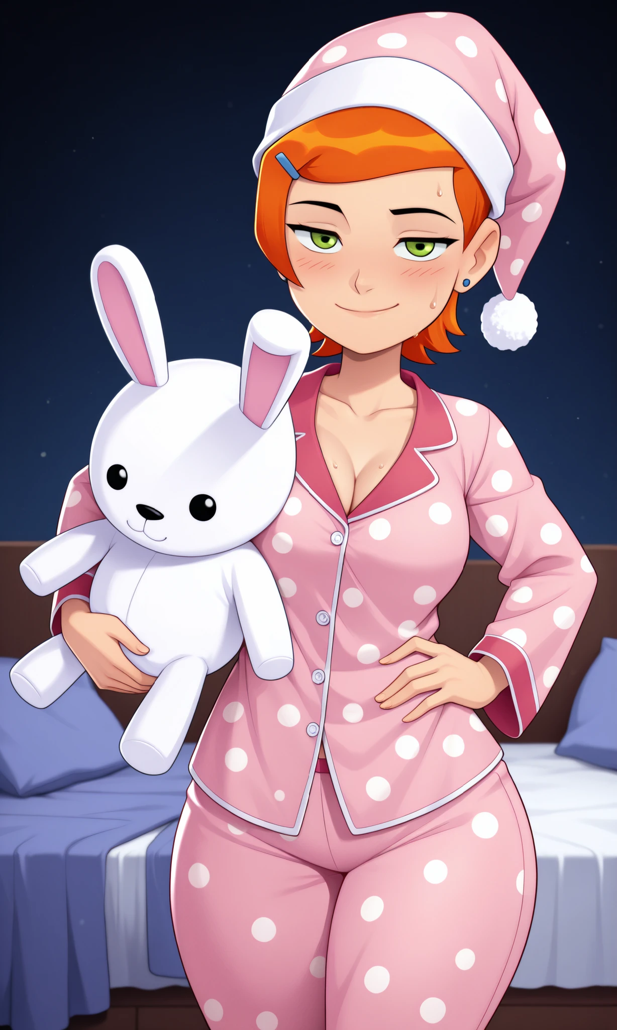 masterpiece, best quality, high quality, Gwen_Tennyson, 1girl, solo, orange hair, short hair, green eyes, 1 girl, pajamas, pink pajamas only, ((focus on face)), red polka dots, pajama hat, hat, nightcap, sweat, smile, looking at viewer, stuffed animal, hugging a stuffed animal, almost sleeping, medium breasts, thick thighs, cleavage, long sleeves, pants, legs crossed, long pants, hand on hip, standing, hugging, stuffed animal, thick thighs, collarbone, polka dot pajamas, blush, shirt, pillows, stuffed animals, rabbit stuffed animals, party pajamas,