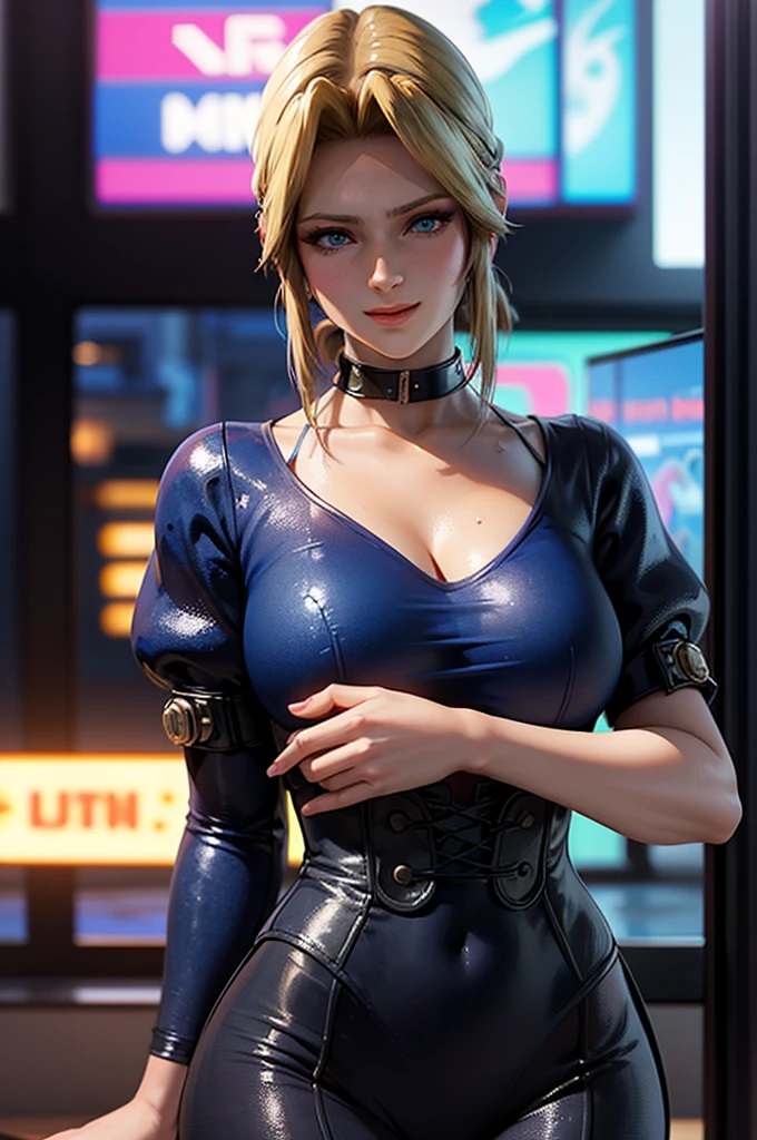 (ultra realistic,32k, masterpiece:1.2),(high detailed skin:1.1),( high quality:1.1),
1girl,<lora:add_detail:0.95>,
(standing, looking at viewer:1.1),
(moody lighting:1.1), techno-underground nightclub, subterranean dancefloor, immersive audio-visual experiences, pulsating beats, blurry background,
BREAK <lora:erasa_dragonball:0.7>erasa db, blonde hair,short hair,(blue eyes:0.8),(makeup, mascara:0.9), (thick\lips\), (smile:0.6) , BREAK green (strapless halterless sleeveless collarless:1.1) (ribbed Bandeau, tube long shirt:1.1) huge breast, BREAK purple demin pants, belt