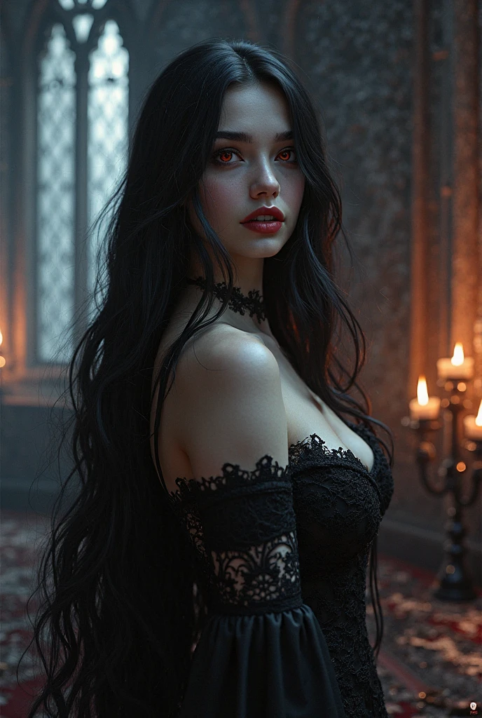 A young, seductive vintage gothic horror vampire stands confidently in the center of the frame. She has pale, porcelain skin and strikingly sharp features. Her deep, blood-red lips are slightly parted in a seductive manner. She has long flowing wetblack hair with a slight wave, cascading down her back, adorned. Her eyes are piercing, with dark, smoky eye makeup and intense, violet-colored irises. She is dressed in transparent lace stockings, paired with a flowing velvet scarf. She wears knee-high, lace-up boots with metal accents. Her fingers are adorned with ornate rings, with elegant gothic tattoos. The setting is a dimly lit, ancient, gothic street, arched windows that allow a faint, candle lights from the buildings to stream through. The walls are made of aged, dark stone with intricate carvings, and there are tall, flickering candles on the streelamps casting dancing shadows. A large, ornate stone pillar with a pentagram is visible in the background, surrounded by scattered, mystical artifacts. The atmosphere is thick with a faint mist, adding a sense of mystery and otherworldliness.
The lighting is primarily soft, cool moonlight filtering through the stained-glass windows, casting eerie, colored reflections on the floor. There are also warm, flickering candlelights that create deep shadows, highlighting the contours of her face and body, and adding a dramatic, high-contrast effect. The lighting accentuates the textures of her clothing and the coldness of her surroundings.
The camera is positioned at a low angle, looking slightly up at her, giving her a dominant, powerful presence in the frame. The shot is medium-close, capturing her from the waist up to emphasize her confident posture and expression. The composition follows the rule of thirds, with her positioned slightly off-center to the right, allowing the gothic street details to fill the background. nikkor 85mm f2