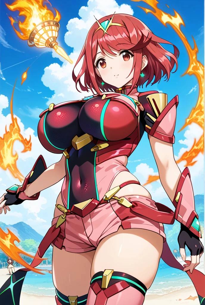 best quality, 1girl, beautiful face, short haircut, red hair, earrings, armlet, skirt, Urusei Yatsura, Benten, sci-fi background, large breast
