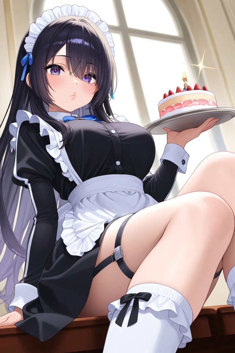 1 girl, small nose, very beautiful detailed face and eyes, bright colors, cute face, delicate beautiful face, Bright magenta eyes, cute eyes, sparkling eyes, Big eyes, (big breasts:1.3), (perky chest:1.1), (pointed chest:1.0), (cake magazine cover:1.3),highest quality, WorKs of masters, High resolution,BlacK color hair,shiny hair, side ponytail,hair between eyes,bangs, (black jacket, real clothes, cleavage, black skirts, black thighhighs, thigh strap, fingerless gloves, single glove:1.2) , spread legs, panties shot, medium hips, glamorous body, white skin, smile, thin pubric hair, super beautiful face, Super beautiful eyes, Super beautiful hair,trendy outfit,sexy and attractive,full body esbian, Real World, Natural light,perfect Natural light,(with sparkling eyes and a contagious smile), This masterpiece is not only visually stunning but also tells, make of cake cooking , in the kitchen, open mouth, looking at viewer,