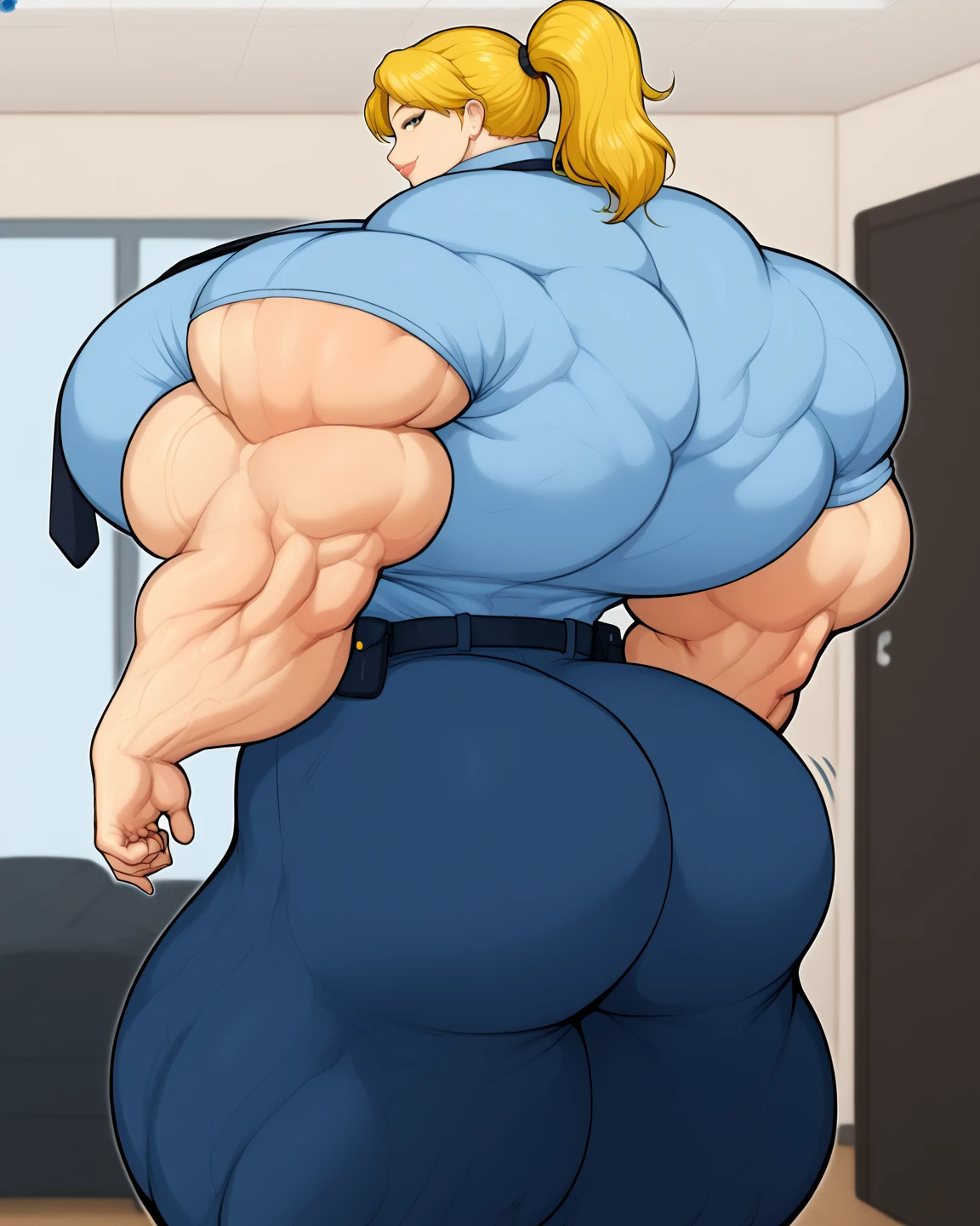 Very detailed、Highest quality、Best image quality、masterpiece、8K、Anime Face、A kind smile、Open your mouth、Sparkling Blue Eyes、(Long blonde curly hair:1.4)、Wearing a maid's headband、(SFW Huge Body:1.3)、(((Rear View)))、Cowboy Shot、(Wear laces:1.5)、(Muscles of the whole body:1.3)、(Grab your own ass:1.5)