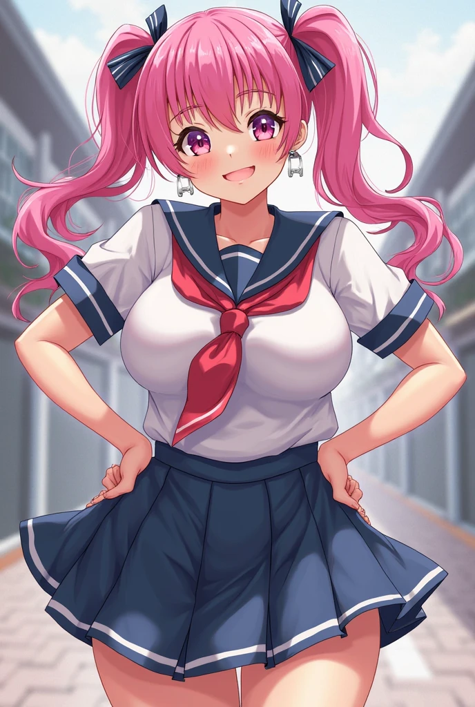 (masterpiece、highest quality、Super detailed)、((One girl))、((Pink Hair))、((Twin tails))、((Light blue eyes))、evil smile、((Grin))、Earrings、((Very large breasts))、((serafuku))、((Navy blue micro miniskirt))、Cowboy Shot、((bent over))、Classroom Background