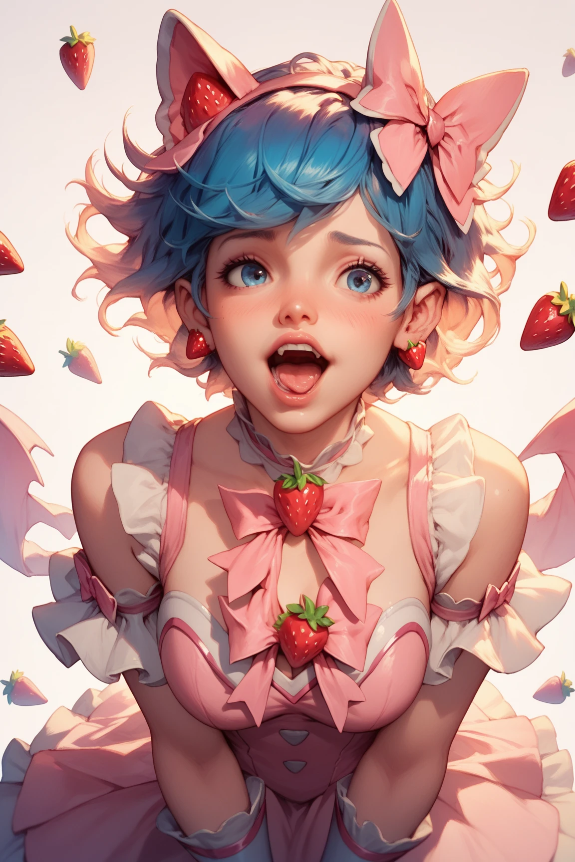 ((1 girls), solo, clevage, Big round breasts, trendy, stylish, clevage, thighs, hips, realistic, pink hair, blonde hair, light green eyes, lip gloss, detailed face, amazing big eyes, eye details, big lips, eyebrow details, blush, smirk, naughty, mischevious face, HD, good quality, kitchen, lolipop, licking lolipop, tongue, pink,